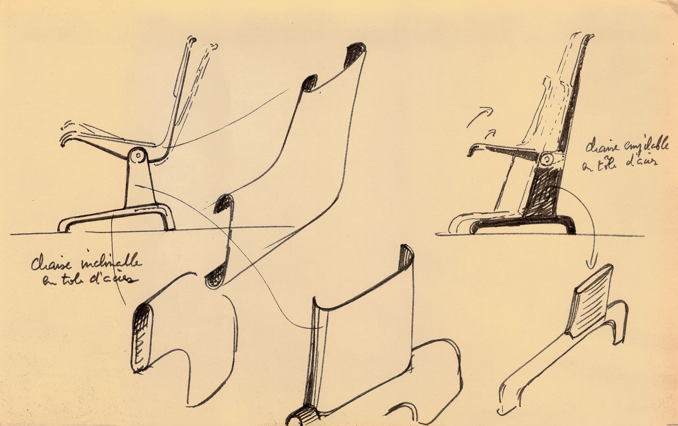 « Chaise inclinable en tôle d’acier. Chaise empilable en tôle d’acier ». Croquis de Jean Prouvé pour la revue <i>Intérieur,</i> 1965.