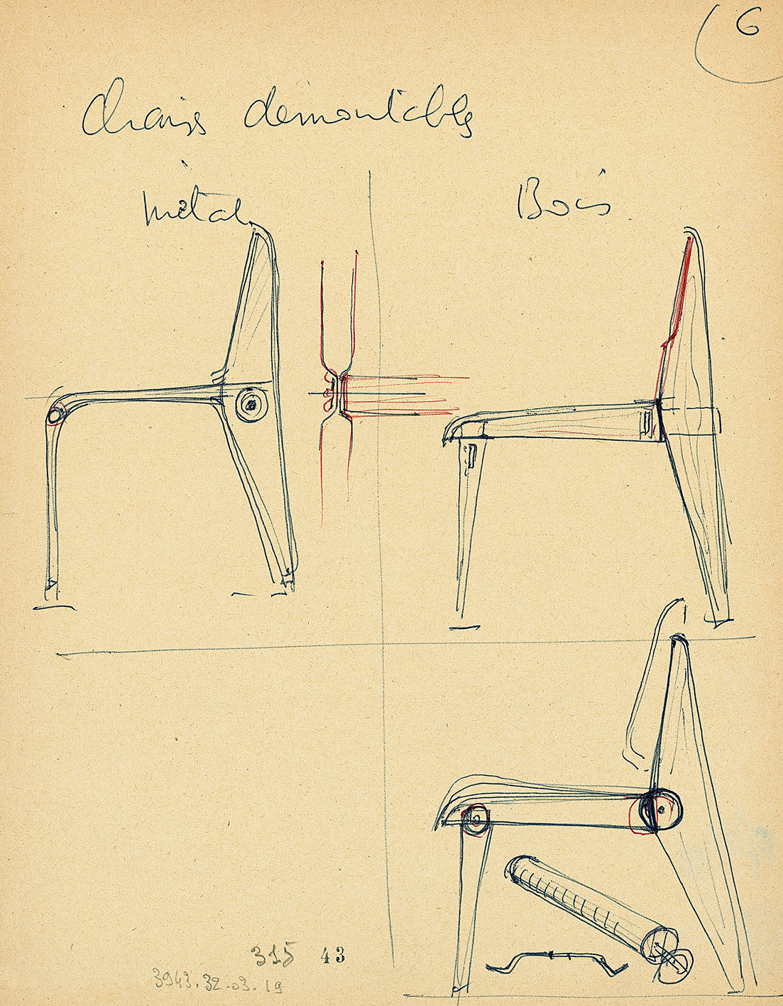 “Demountable chairs metal, wood”. Sketch by Jean Prouvé for his classes at CNAM, Paris, 1957–1971.
