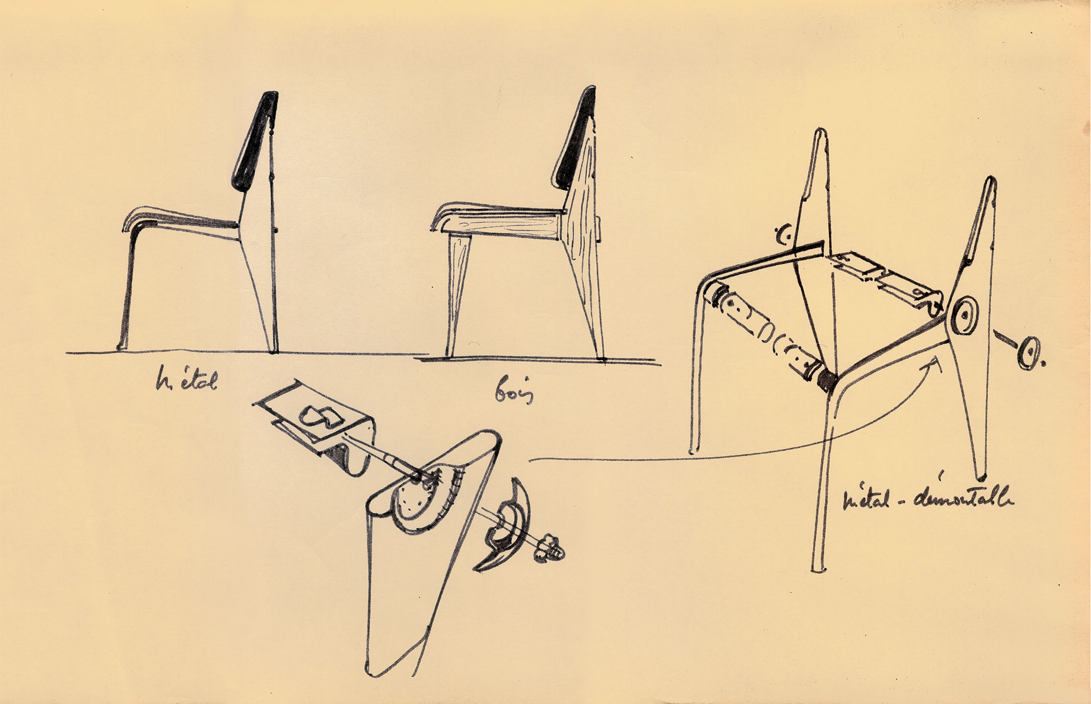 Chaises standard « métal, bois et métal-démontable », et détail d’assemblage de la chaise Cafétéria n° 300. Croquis de Jean Prouvé pour la revue <i>Intérieur</i>, 1965.