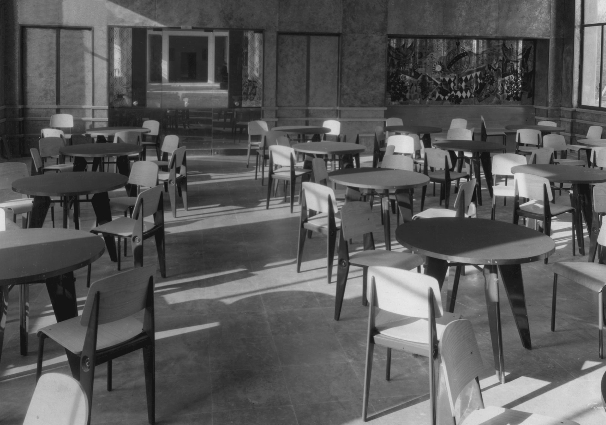 Cité Universitaire Internationale, Paris (architect U. Cassan, 1950–1951), Cafétéria des Arts et Métiers fitted out with Cafétéria no. 300 chairs and with guéridons Cafétéria.