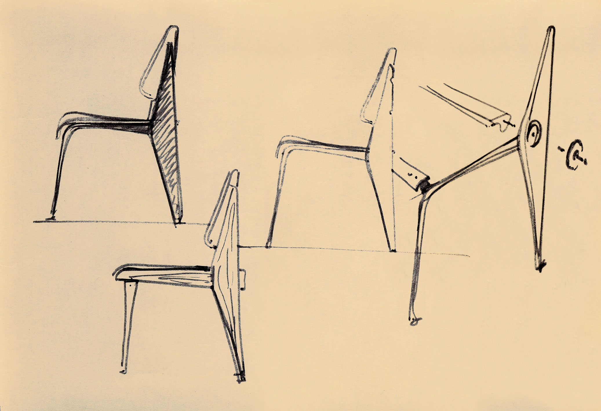 Standard chairs. Sketch by Jean Prouvé for the magazine <i>Intérieur</i>, 1965.