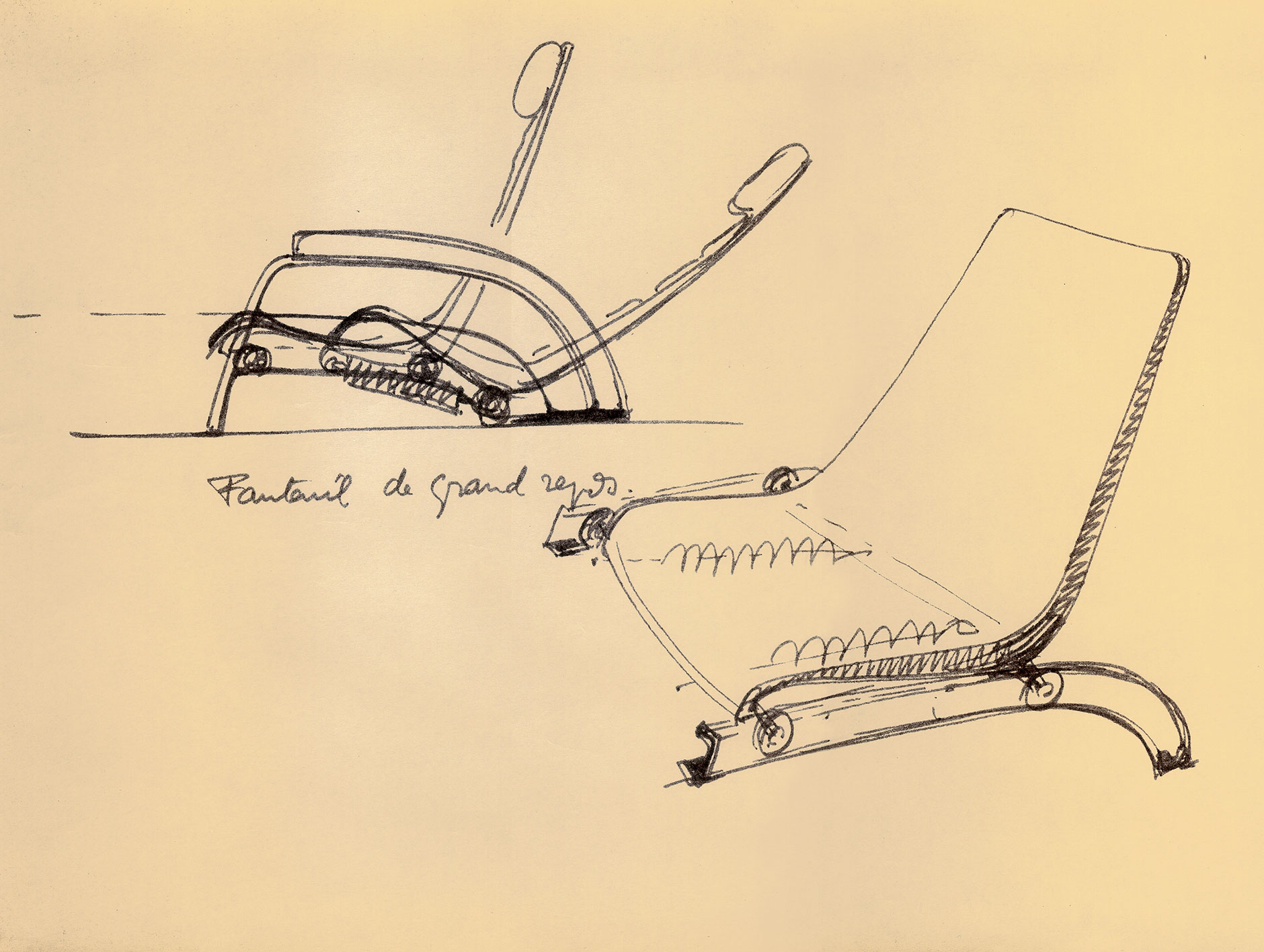 Grand Repos reclining armchair, 1930. Demonstration of the various positions of the sliding seat on its guide rails. Prototype in the workshop, ca. 1932.