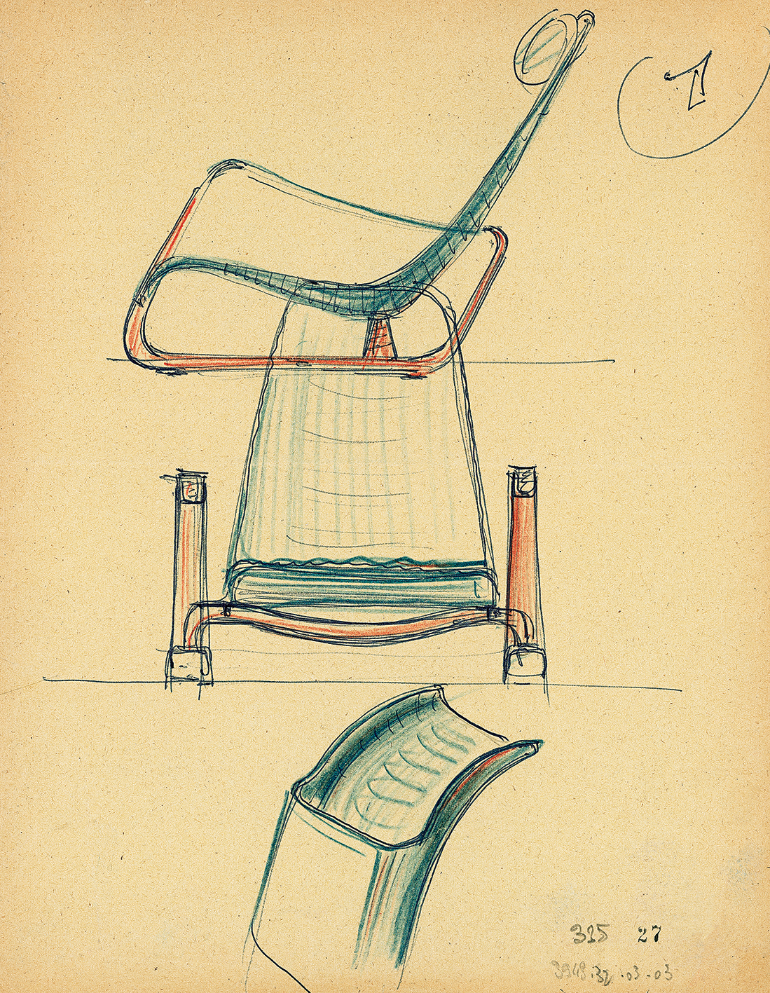 Cité armchair, 1930. Sketch by Jean Prouvé for his classes at CNAM, Paris, 1957–1971.