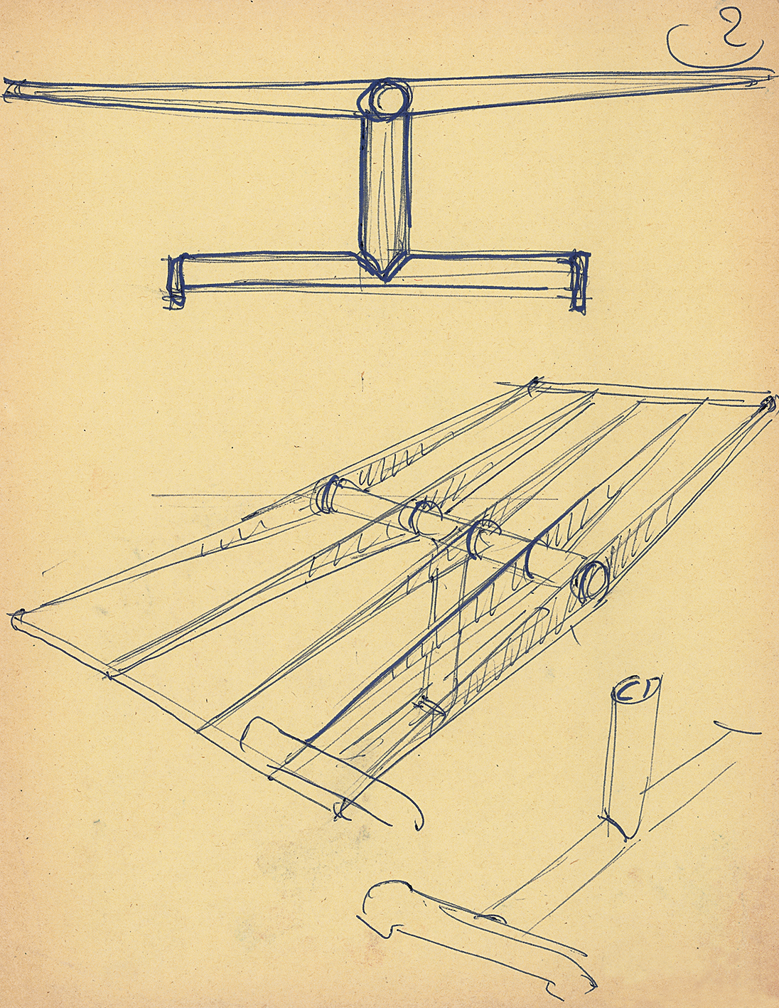 Table with a central base. Sketch by Jean Prouvé for his classes at CNAM, Paris, 1957–1971.