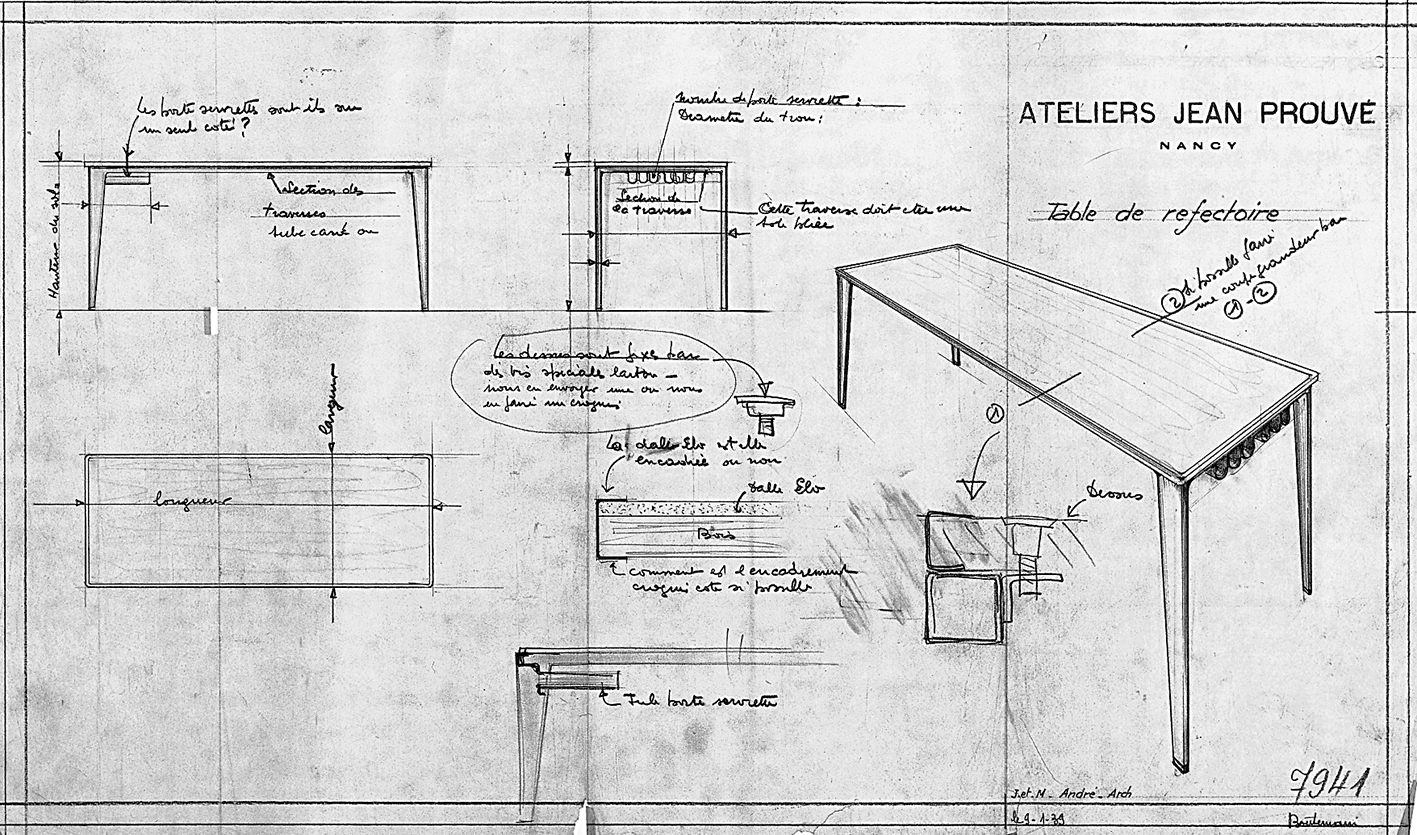 « Table de réfectoire » pour la colonie sanitaire de Saint-Brévin-l’Océan. Plan Ateliers Jean Prouvé n° 7941 du 9 janvier 1939, par J. Boutemain.