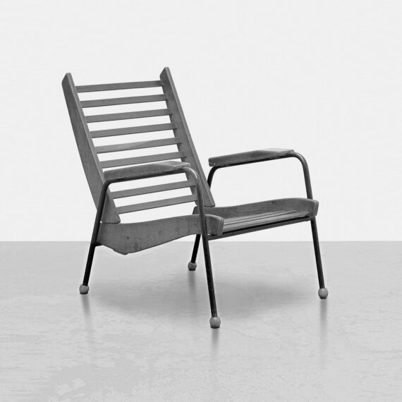 Visiteur wood slats armchair, variant with rolled-wood end fittings, ca. 1947.