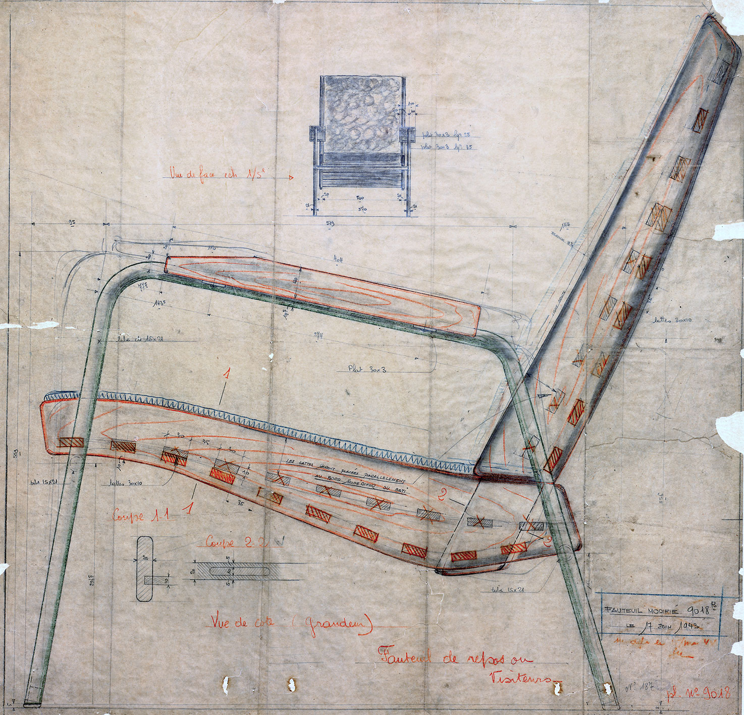 « Fauteuil de repos ou Visiteurs ». Plan Ateliers Jean Prouvé n° 9018, février 1942, par J.-M. Glatigny.