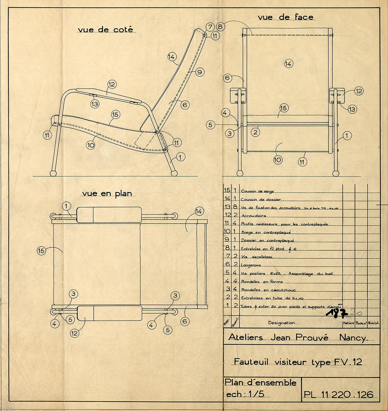 « Fauteuil Visiteur type FV 12 ». Plan Ateliers Jean Prouvé n° 11.220 du 13 décembre 1948, par J. Boutemain.