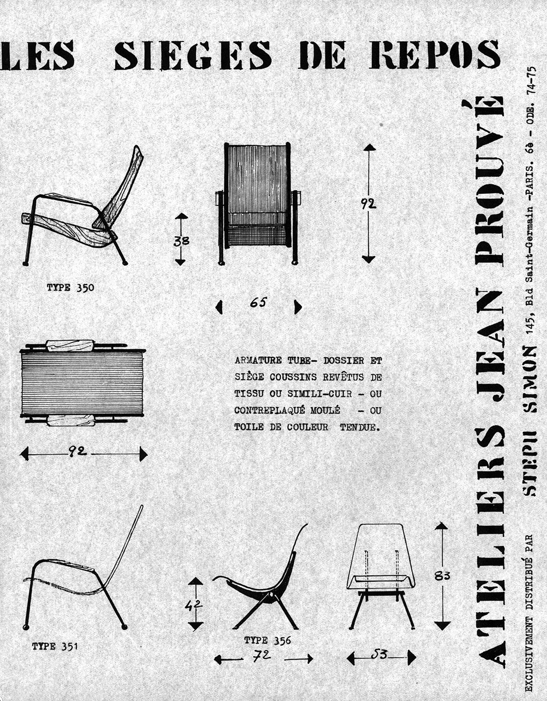 « Les sièges de repos Ateliers Jean Prouvé ». Fiche de présentation Steph Simon, c. 1956.
