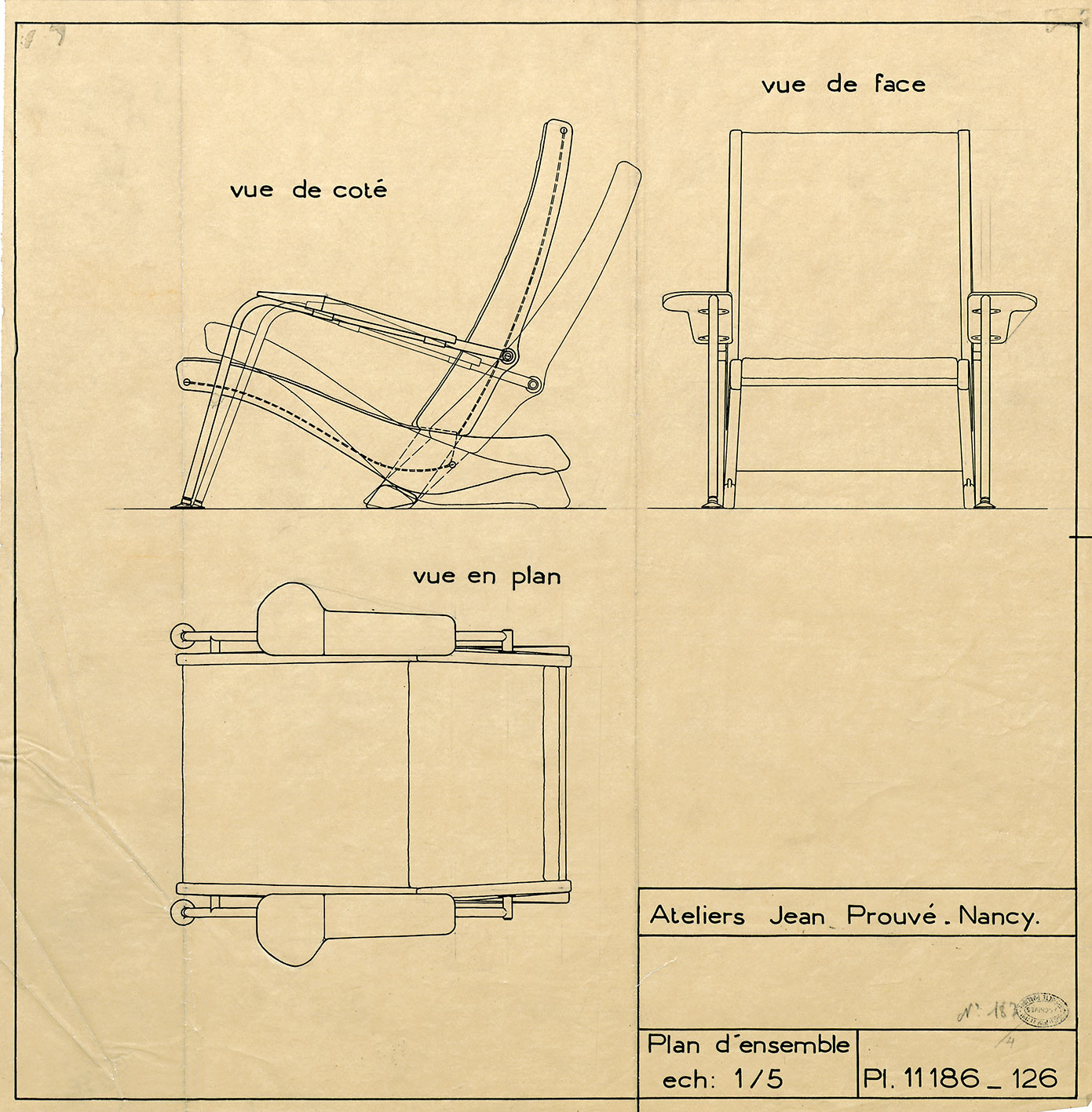 “Visiteur FV 32 armchair with adjustable back”. Ateliers Jean Prouvé drawing no. 11.186, 2 November 1948, by J. Boutemain.
