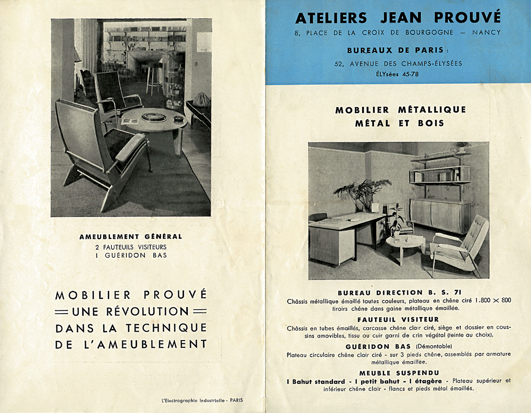 Advertising brochure <i>Ateliers Jean Prouvé, Mobilier métallique, métal et bois</i>, Paris, printed by L’Électrographie industrielle, 1949.