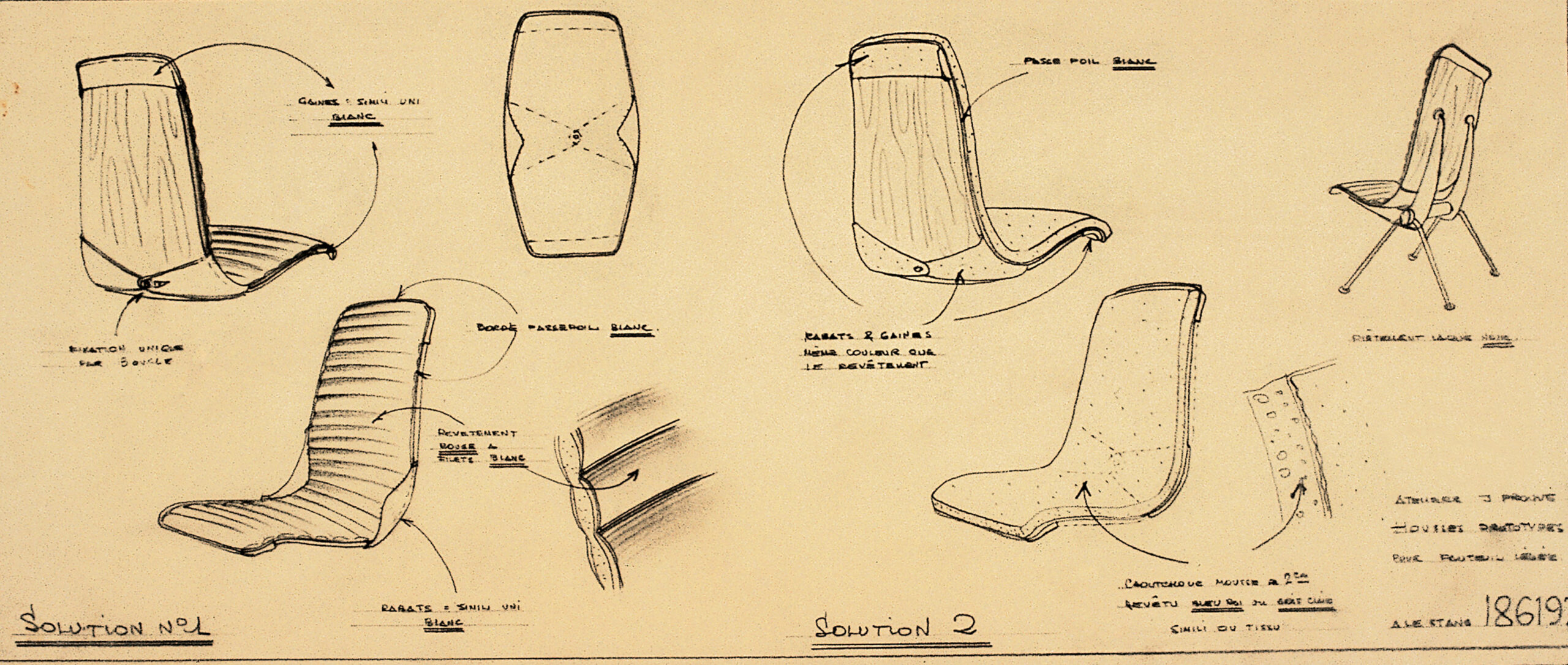 « Housses prototypes pour fauteuil demi-repos ». Plan Ateliers Jean Prouvé n° 186.197, septembre 1955, par A. Le Stang.