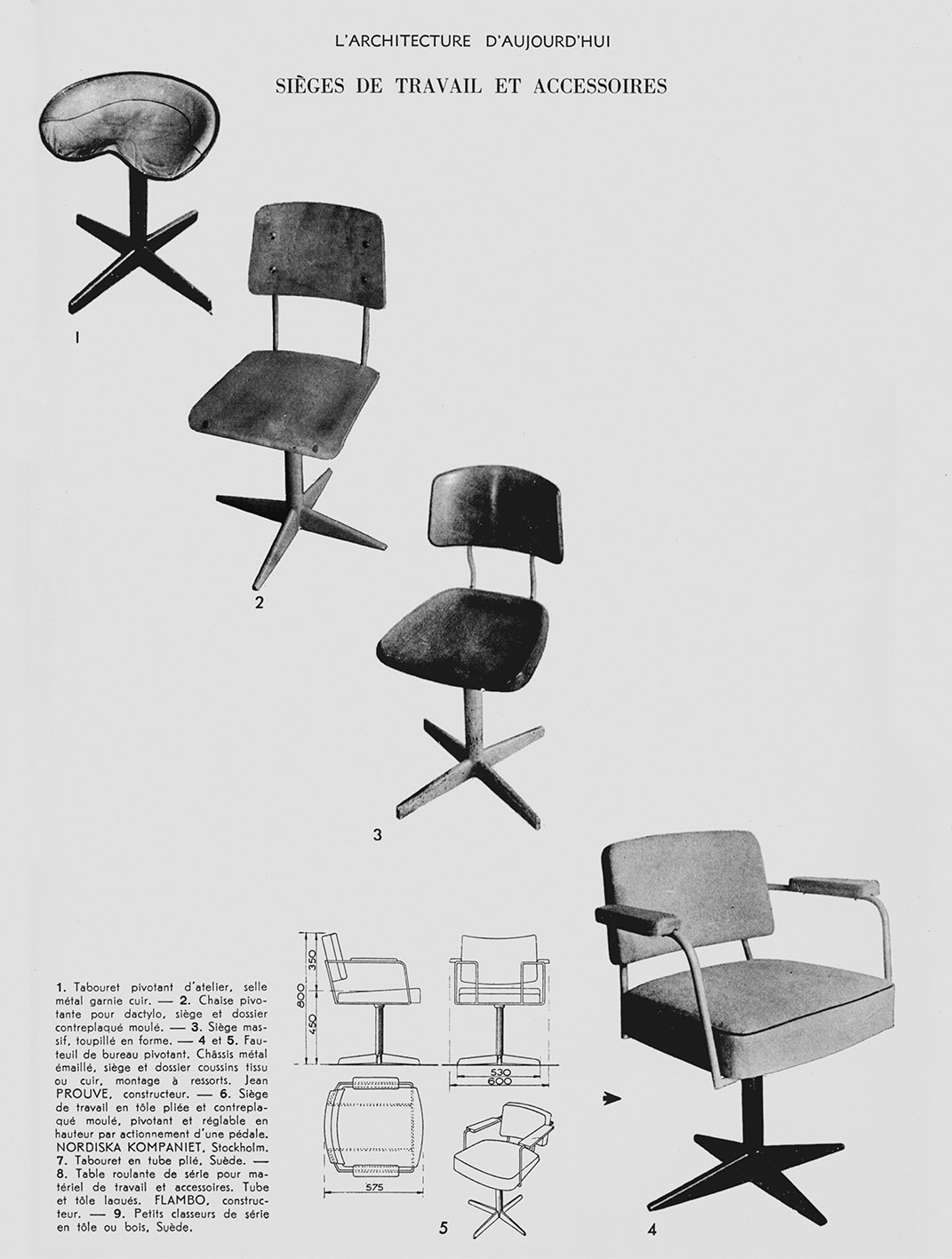 “Office chairs and work accessories”, from <i>L’Architecture d’aujourd’hui,</i> no. 11, 1947. Models of the Ateliers Jean Prouvé: workshop stool, swiveling typing chairs with plywood (CD 11) or solid wood seats, swiveling armchair (FP 11).