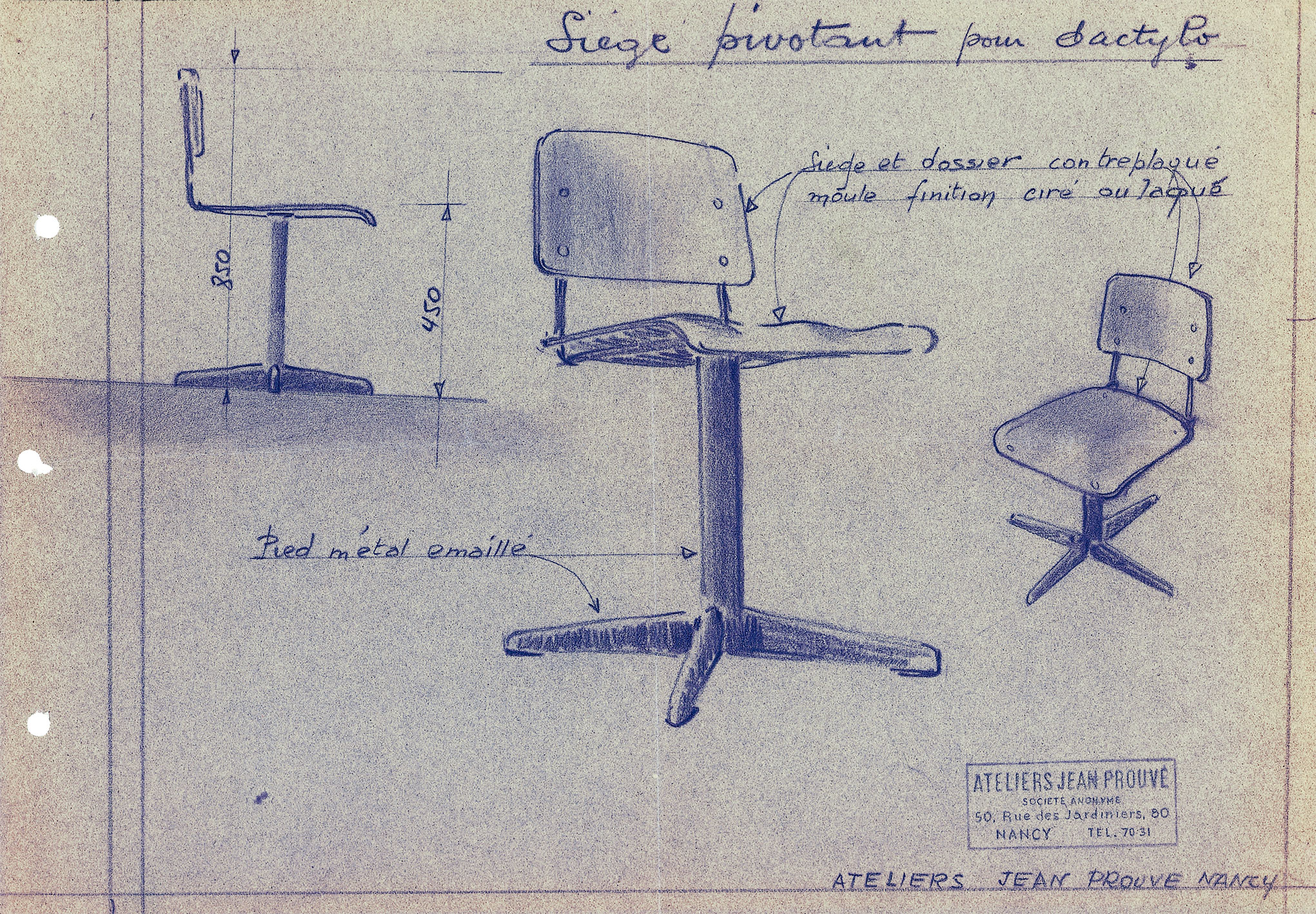 “Swiveling secretary chair”. Ateliers Jean Prouvé drawing, ca. 1946, by J. M. Glatigny.
