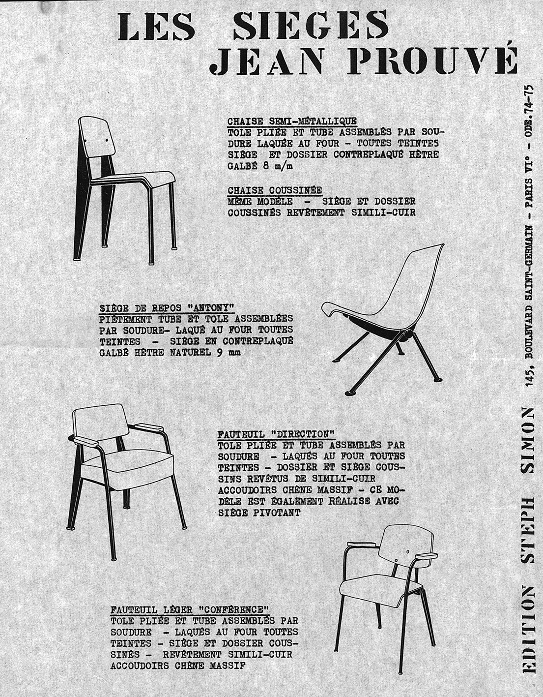 “Les sièges Jean Prouvé”. Steph Simon presentation sheet, ca. 1957.