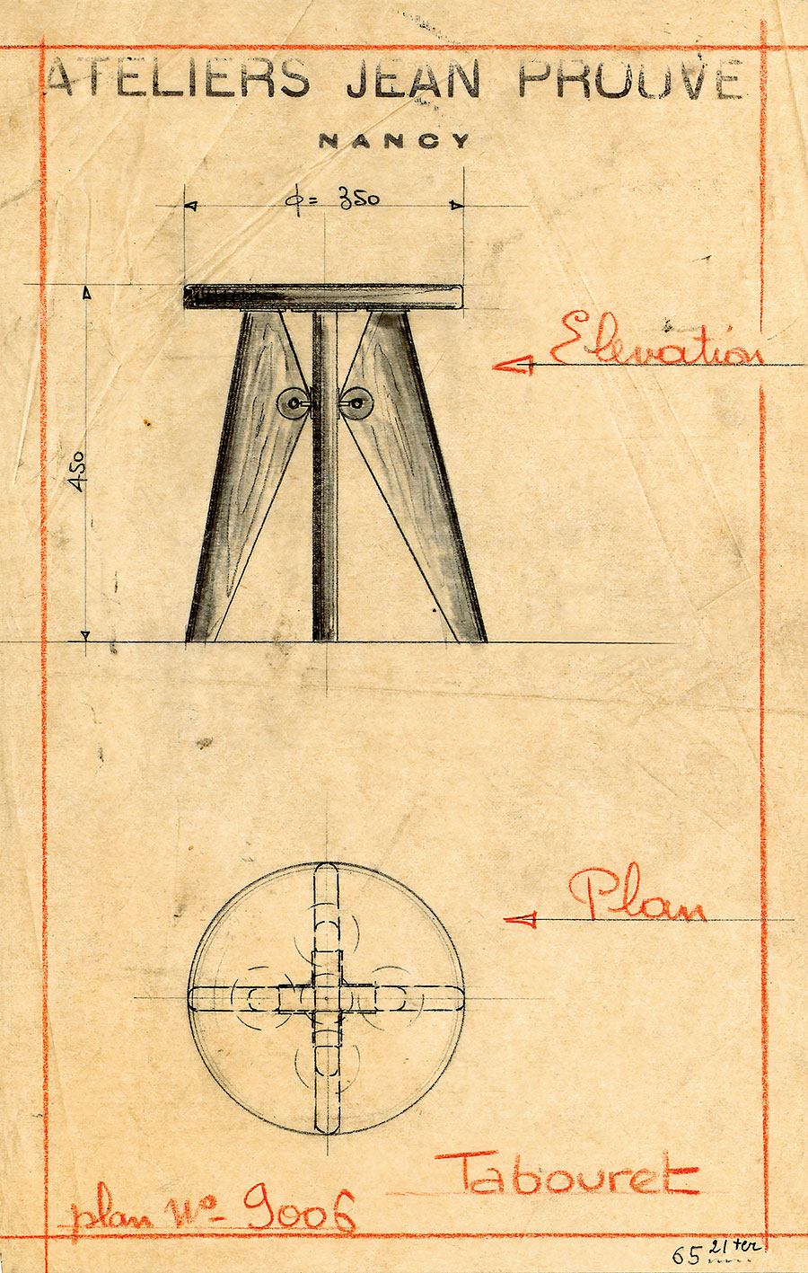 “Stool”. Ateliers Jean Prouvé drawing no. 9006, 1942.