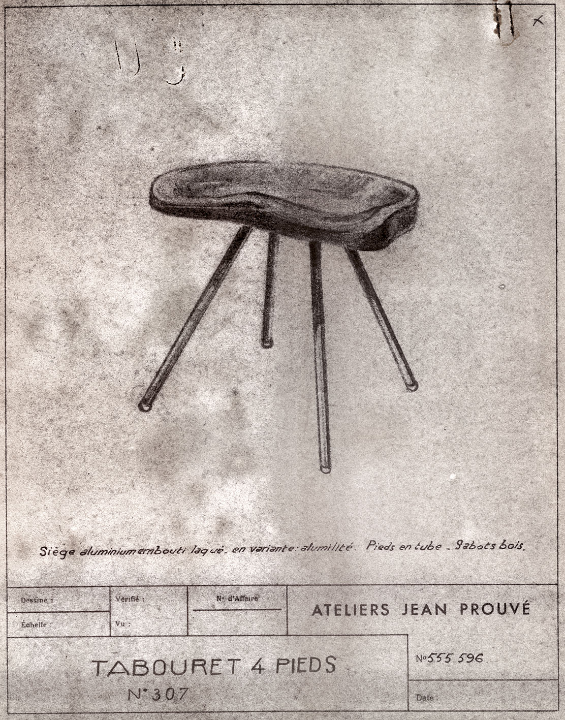 “Four-legged stool no. 307”. Ateliers Jean Prouvé, descriptive sheet no. 555.596, ca. 1952.