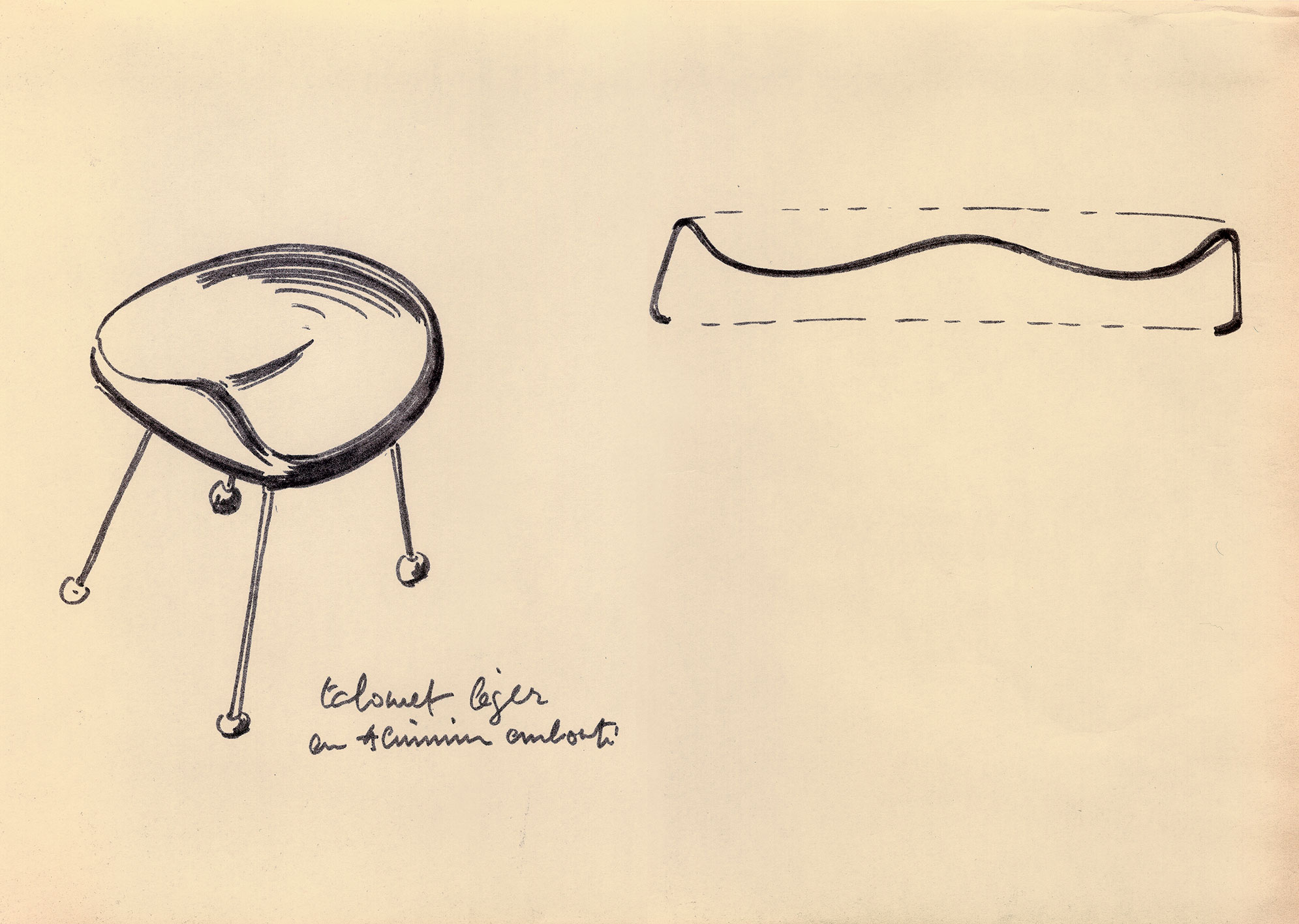 “Light, pressed aluminum stool”. Sketch by Jean Prouvé for the magazine <i>Intérieur,</i> 1965.