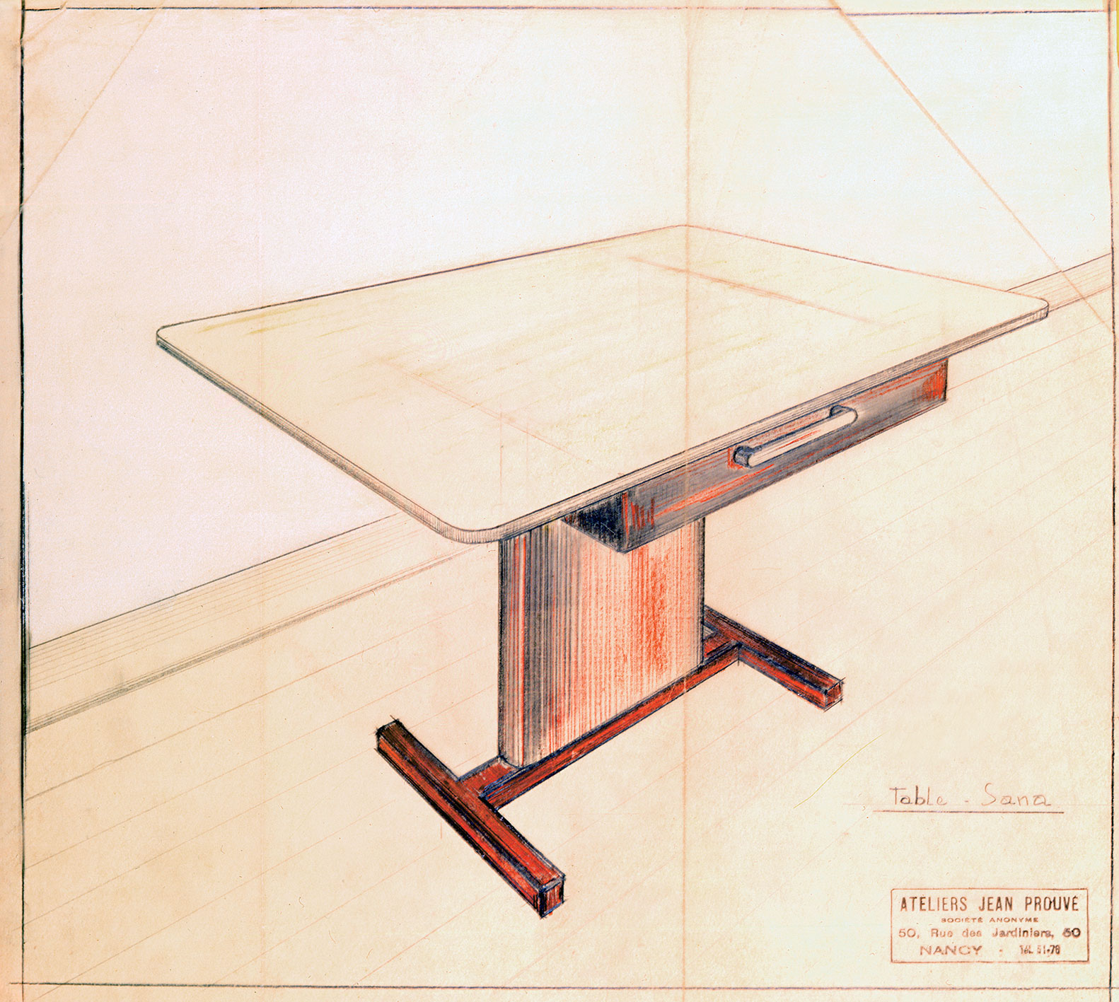 « Table de sanatorium », projet. Variante de la table Cité, non réalisée. Plan Ateliers Jean Prouvé, c. 1932.