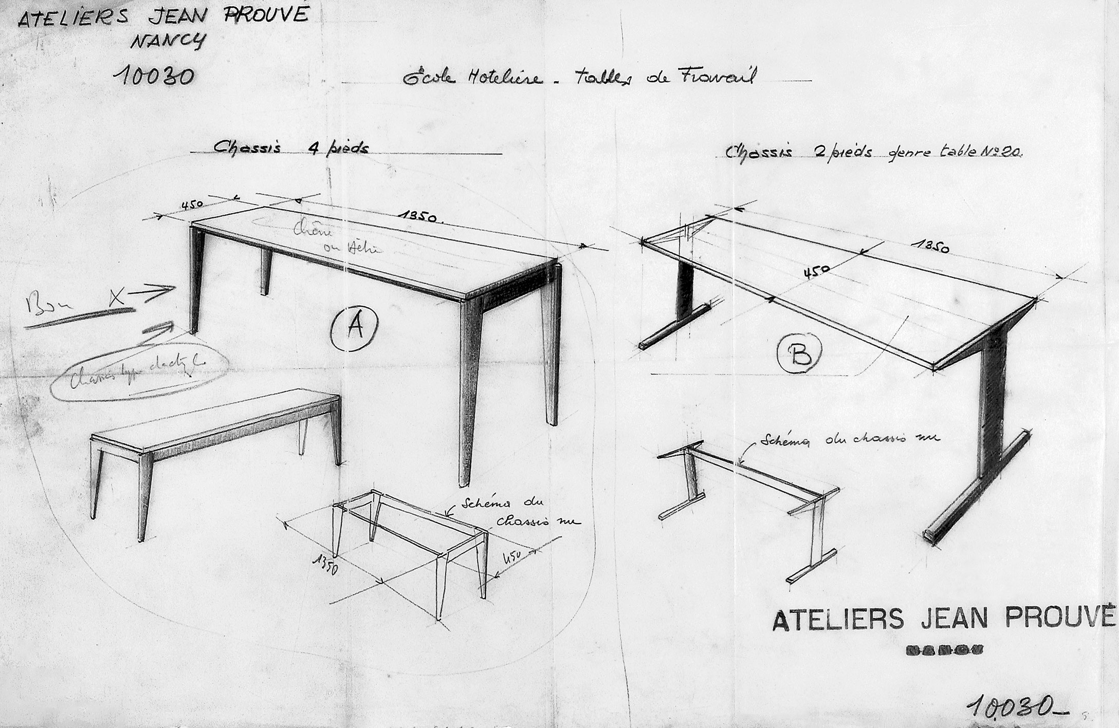 « École hôtelière, tables de travail ». Châssis de tables type Dactylo et Cité. Plan Ateliers Jean Prouvé n° 10030 du 3 juillet 1946, par J.-M. Glatigny.