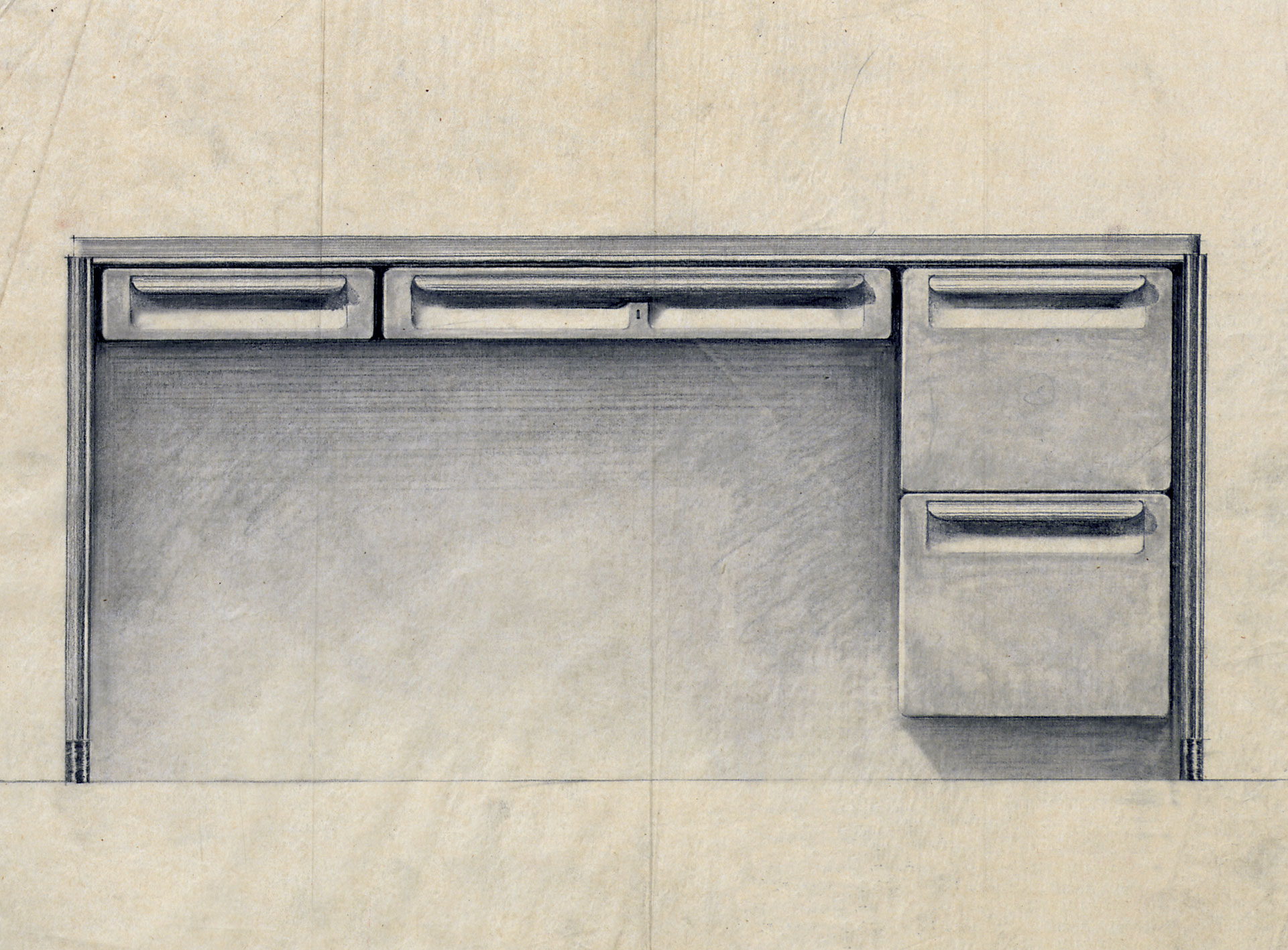 “Metal desk”. Model type CPDE. Detail of Ateliers Jean Prouvé drawing no. 8056, 1939.