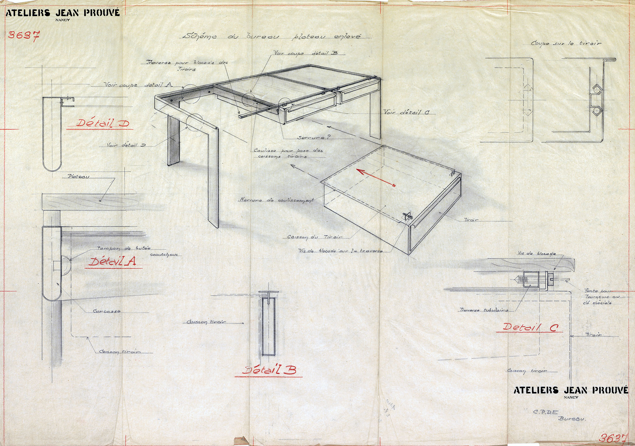 « CPDE. Bureau ». Plan Ateliers Jean Prouvé n° 3637, août 1934, par J. M. Glatigny.