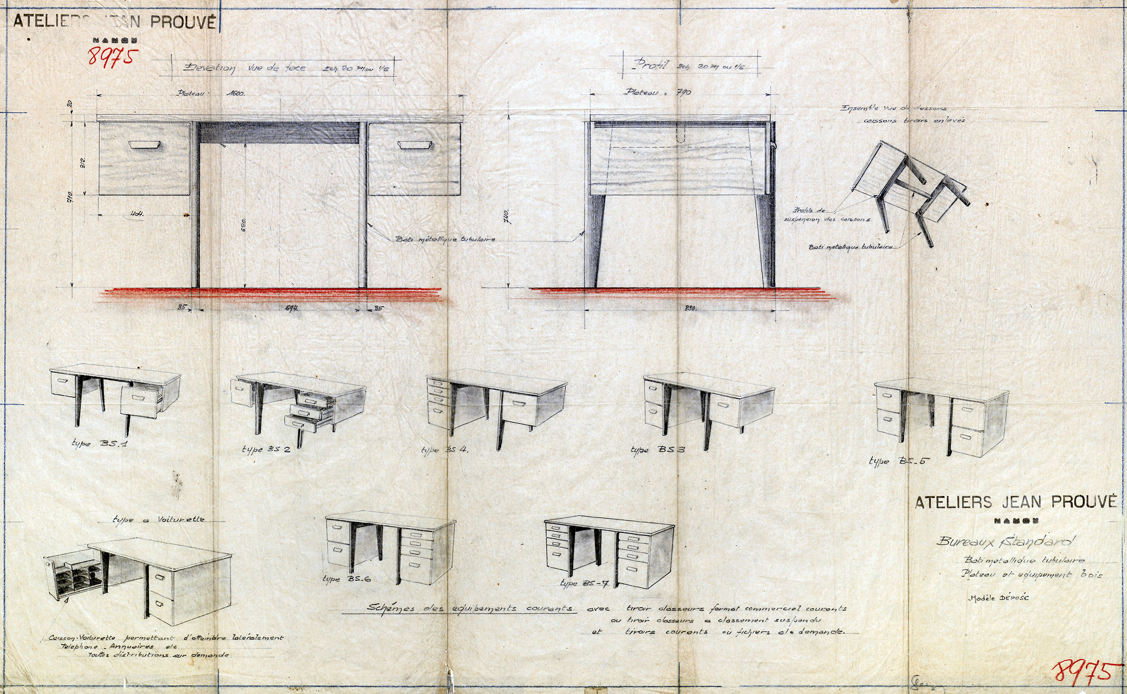 « Bureaux Standard, modèle déposé ». Plan Ateliers Jean Prouvé n° 8975, janvier 1942, par J. M. Glatigny.
