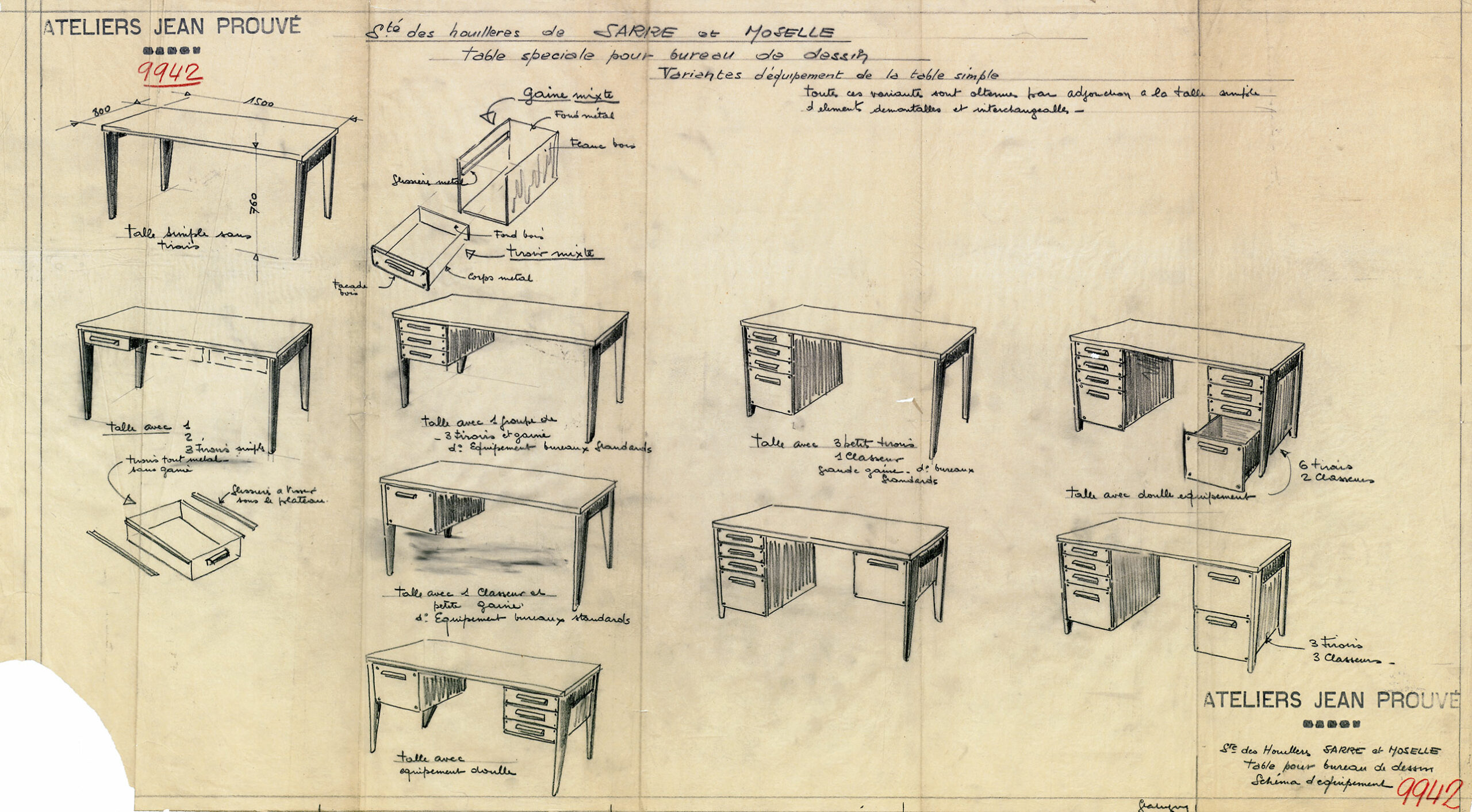 “Houillères de Sarre et Moselle company. Special table-desk for graphic design office”. Ateliers Jean Prouvé drawing no. 9942, 11 April 1946, by J.-M. Glatigny.