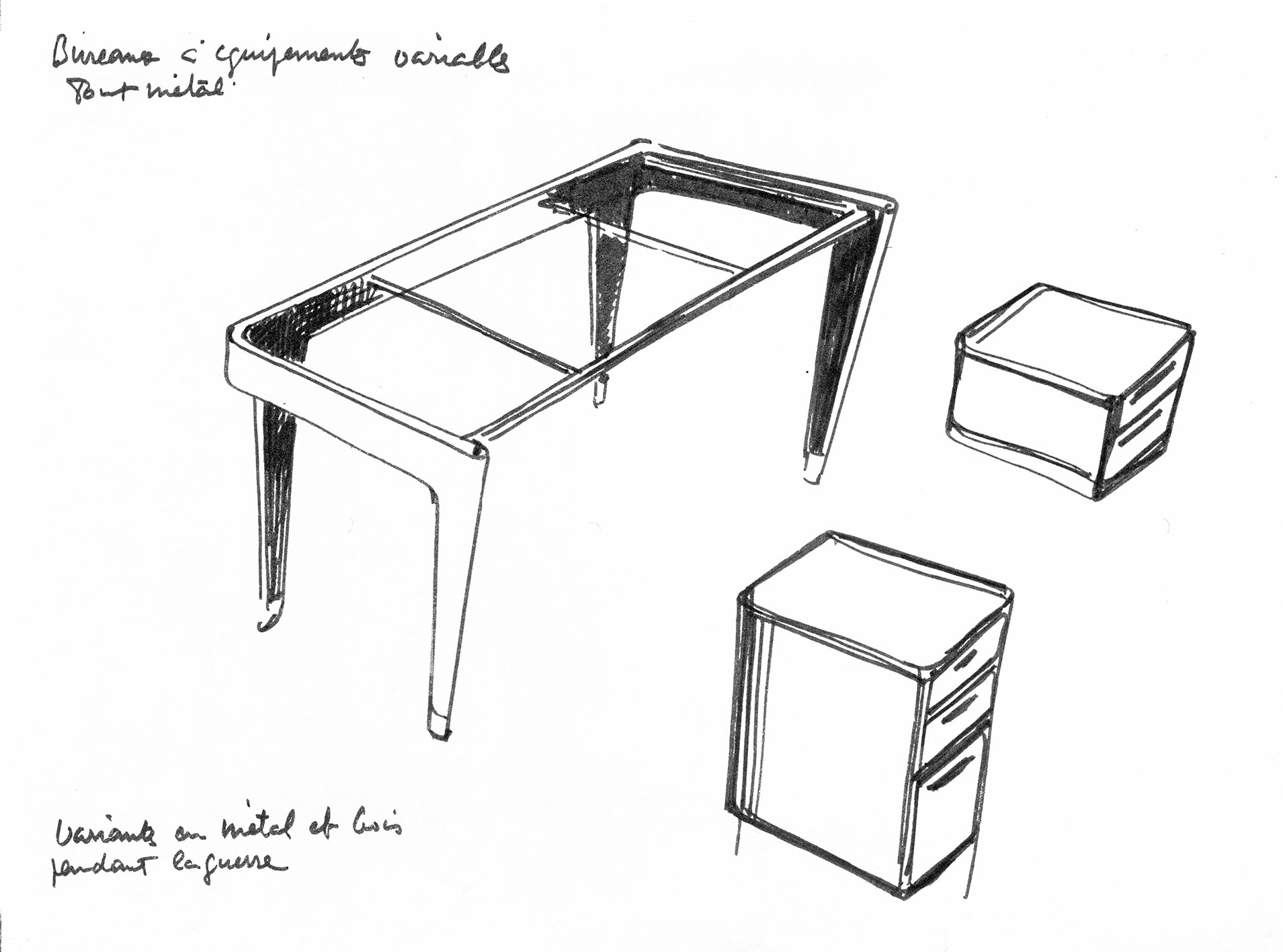 “Variable fittings, all metal desk”. Sketch by Jean Prouvé for the magazine <i>Intérieur,</i> 1965.