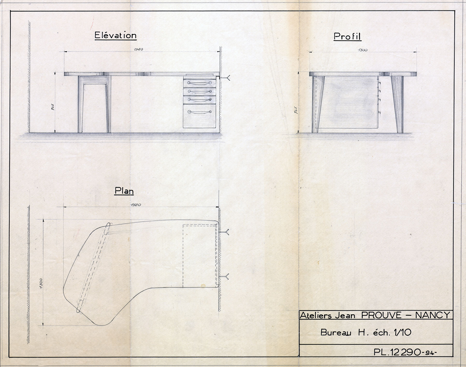 “H Desk”. Ateliers Jean Prouvé drawing no. 12.290, 1 April 1950.