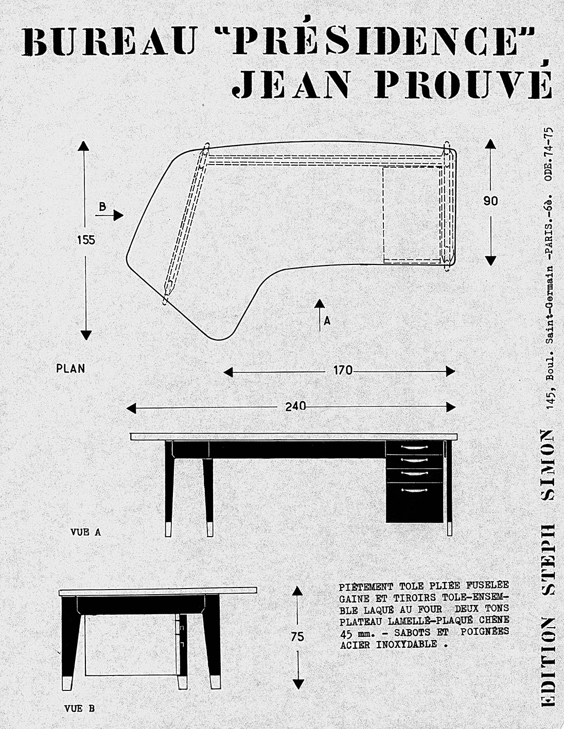 « Bureau Présidence Jean Prouvé ». Fiche de présentation Steph Simon, c. 1957.