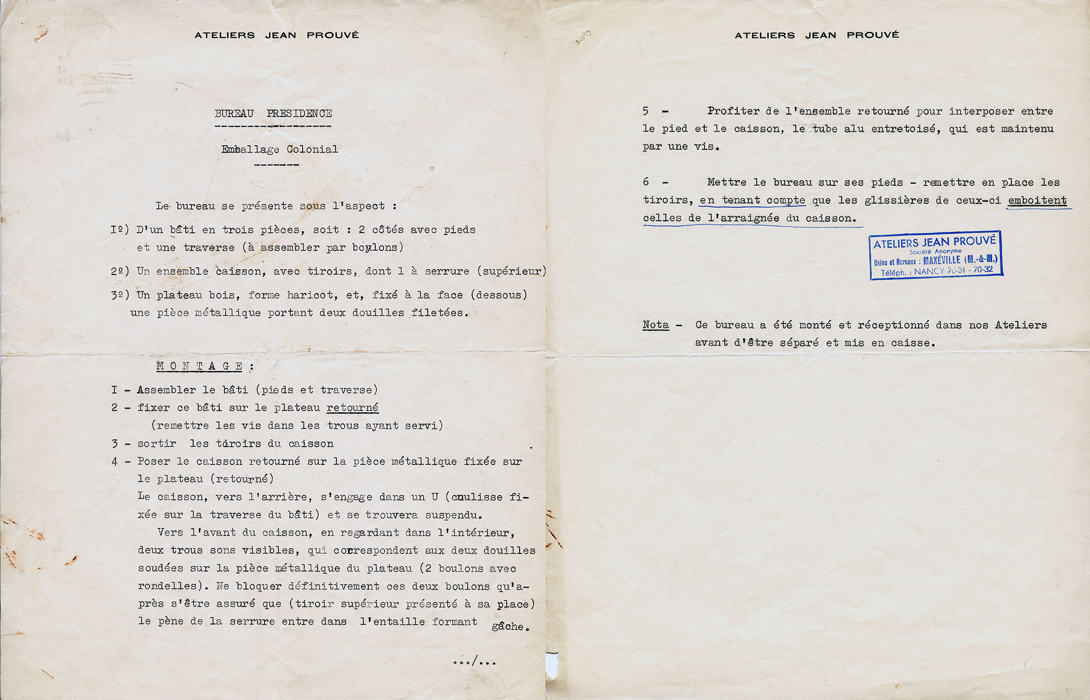 “Présidence desk”, descriptive and assemblage notes, Ateliers Jean Prouvé, Maxéville, ca. 1951.