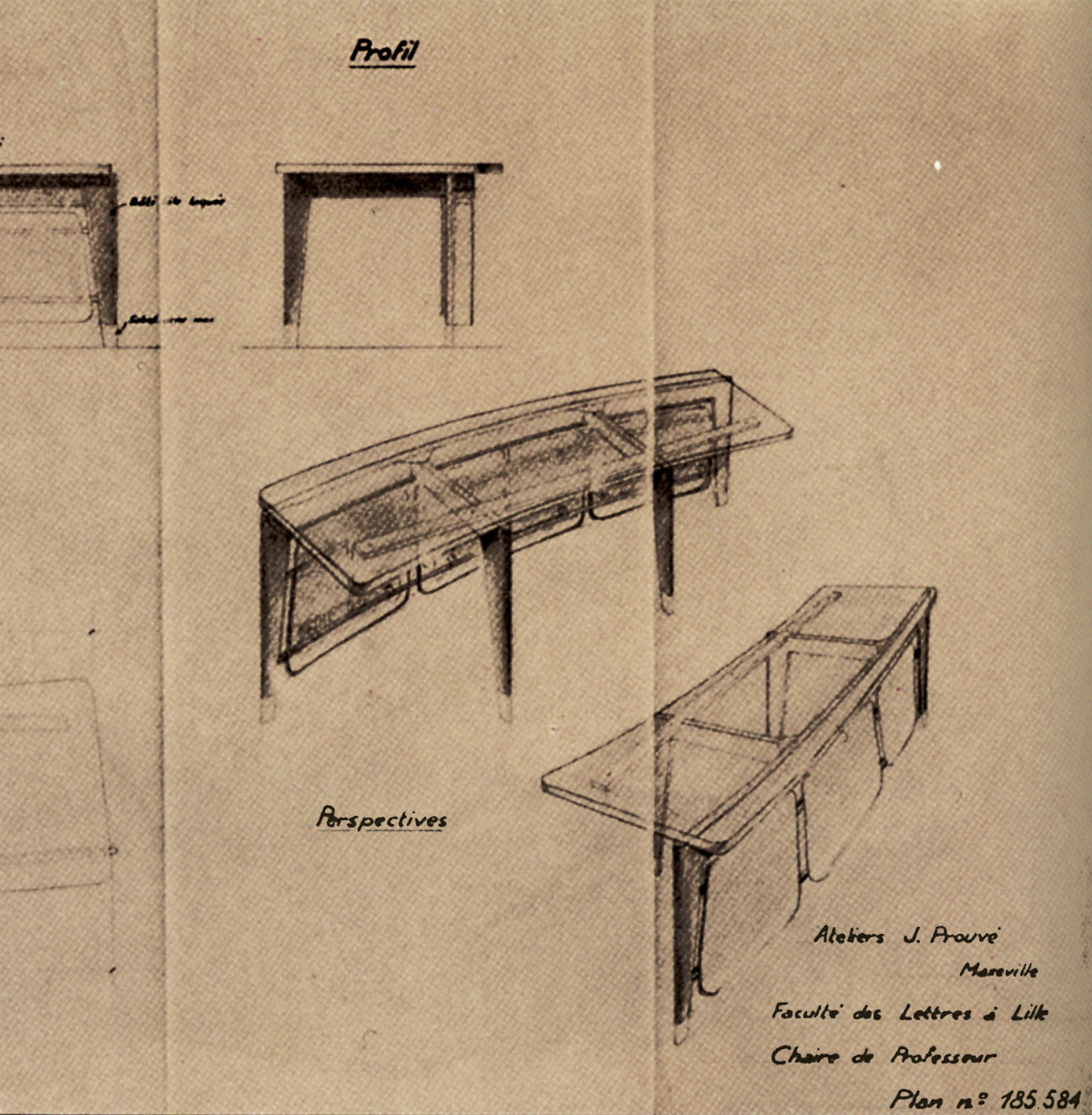 “Faculté des Lettres à Lille. Professor desk”. Detail of the Ateliers Jean Prouvé drawing no. 185.584, 9 October 1952.