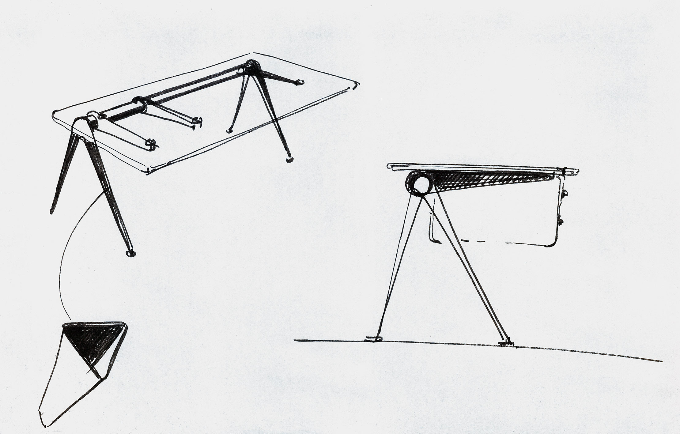 Desk with Compas legs. Sketch by Jean Prouvé for the magazine <i>Intérieur</I>, 1965.