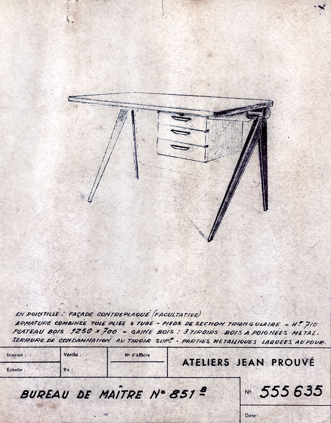 “Teacher’s Desk no. 851”. Ateliers Jean Prouvé descriptive sheet no. 555.635, January 1953.