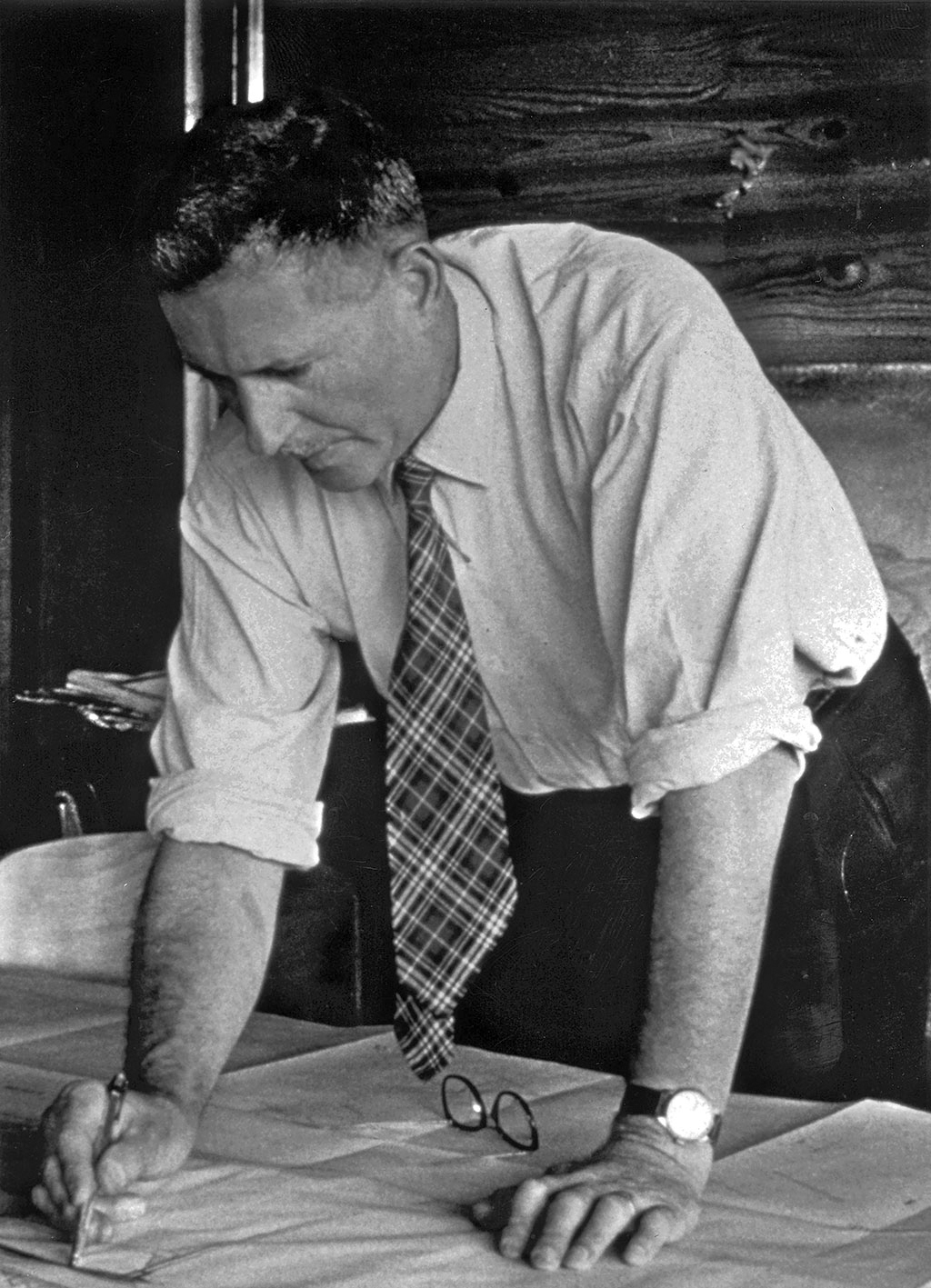 Jean Prouvé in his office at the Ateliers Jean Prouvé, Maxéville, ca. 1955.