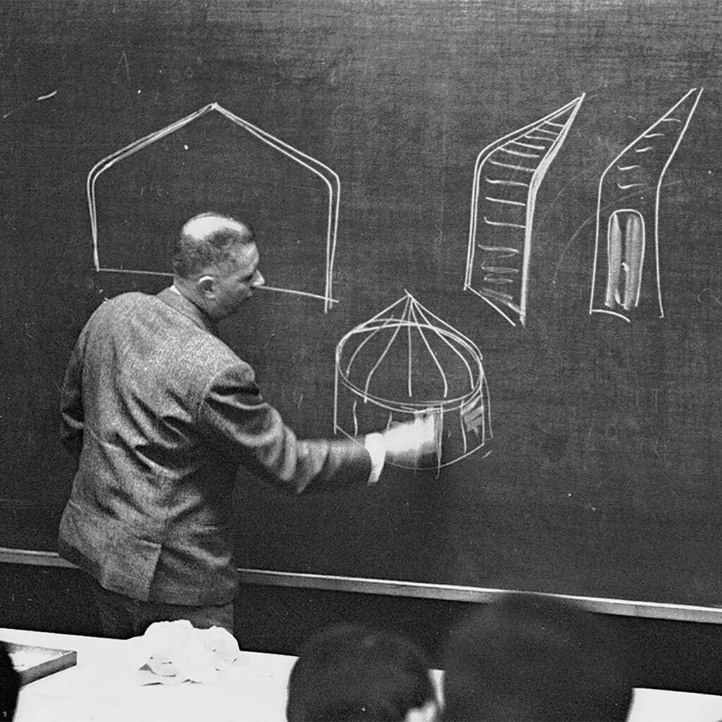 Jean Prouvé at the Conservatoire National des Arts et Métiers, Paris. Course on circular buildings, ca. 1960.