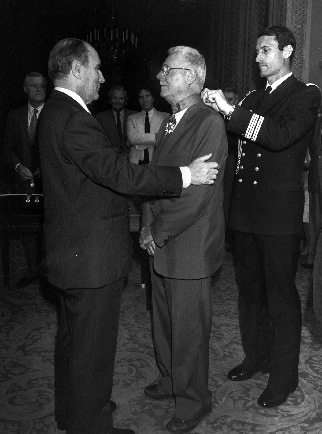 Jean Prouvé receiving the Grand Cross of Commander of the Legion of Honor from President François Mitterrand, Paris, 1982.