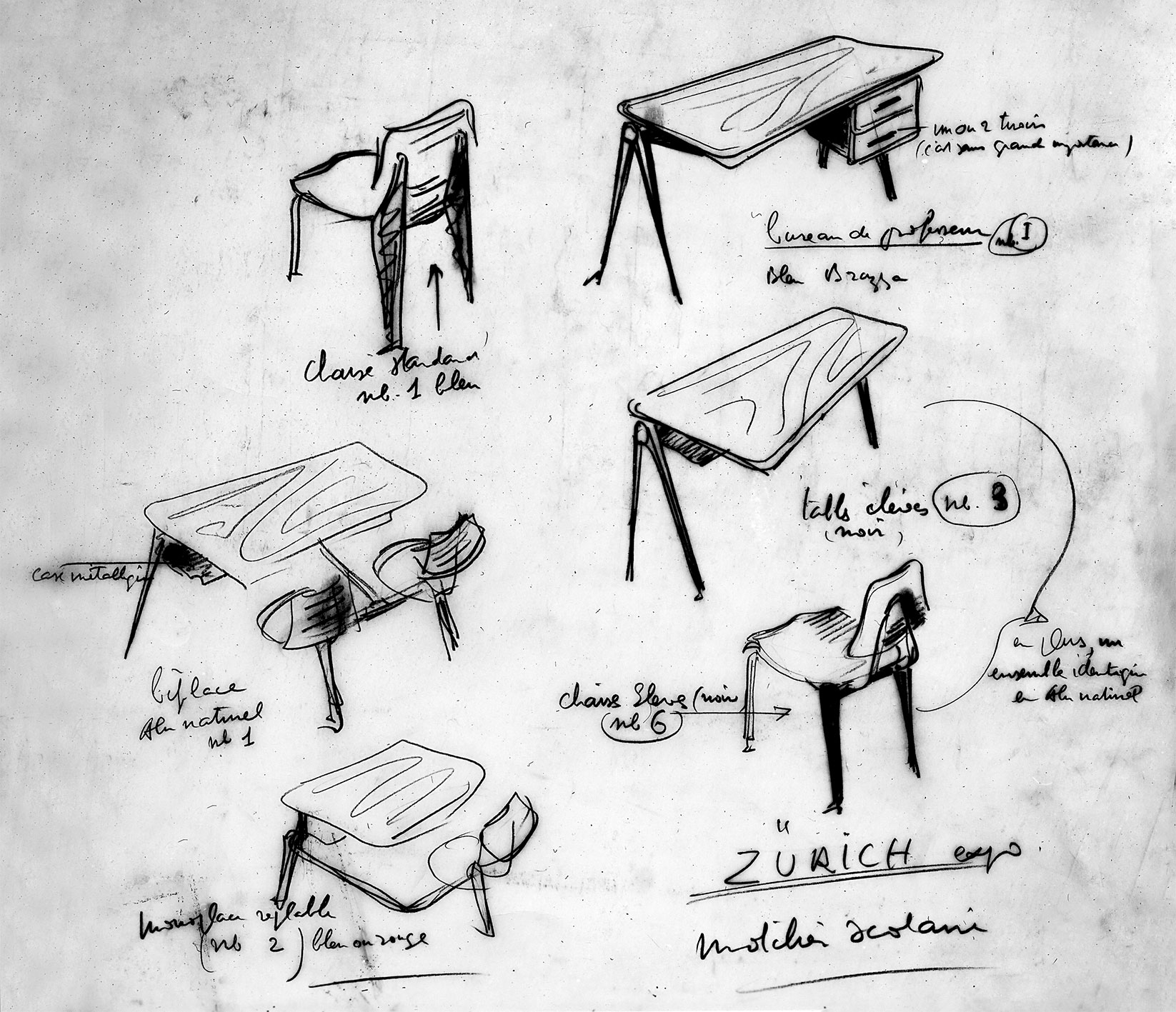 “Zürich exhibition, school furniture”. Nomenclature of the models presented at the Exposition Internationale des Constructions Scolaires (International exhibition of school construction), Zürich, June 1953. Sketch by Jean Prouvé.