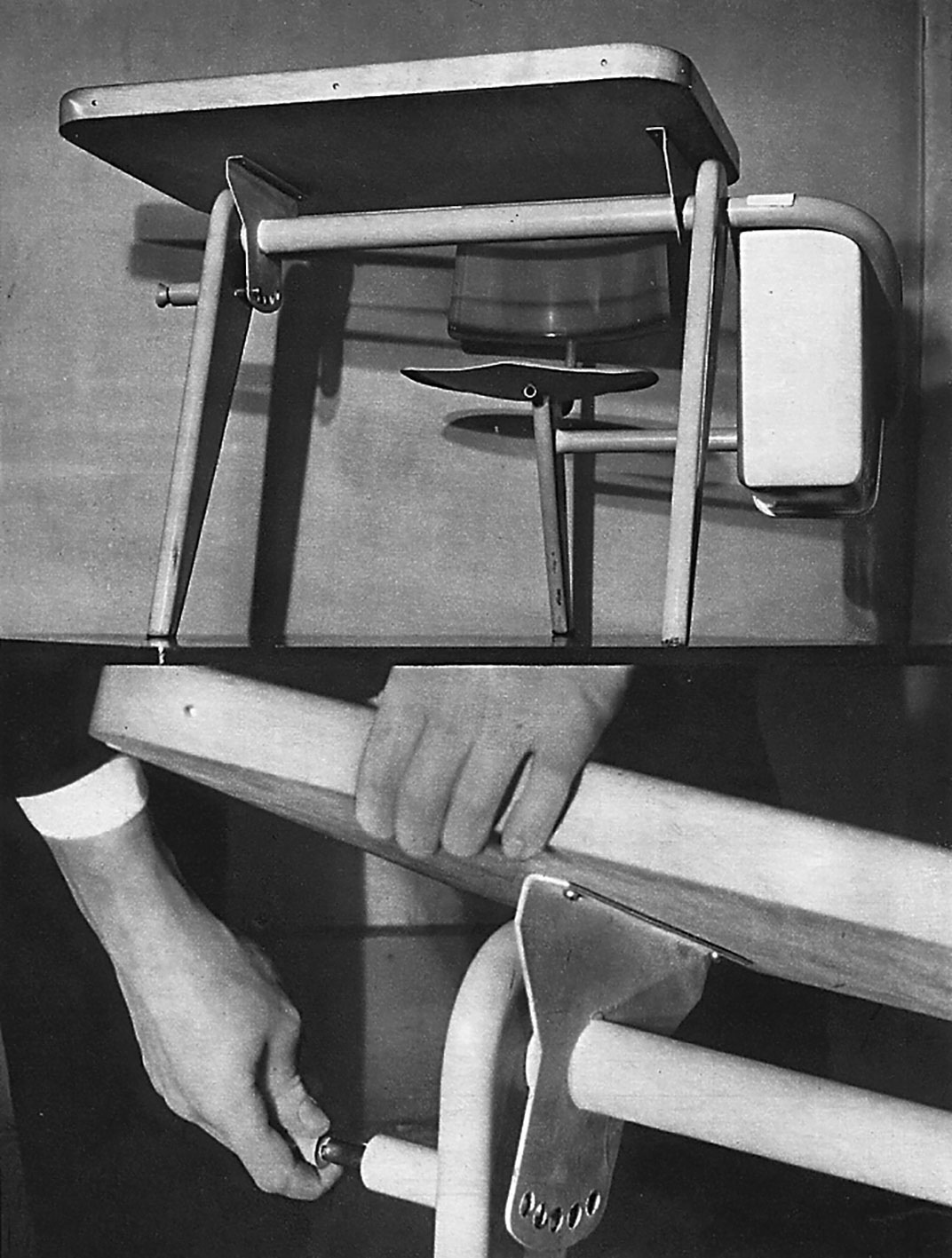 Prototype de pupitre monoplace, en collaboration avec Jacques André, 1936. Détail du système de réglage du plateau.