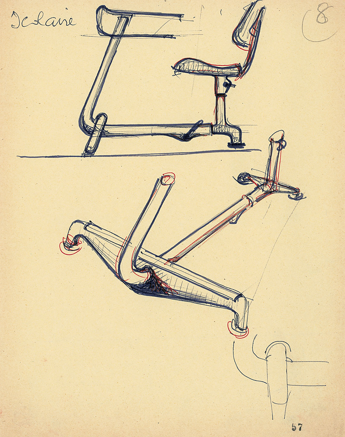 “Scolaire”, single-seater school desk created in 1938. Sketch by Jean Prouvé for his classes at CNAM, Paris, 1957–1971.