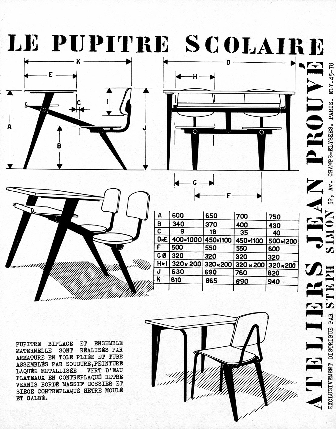 “Le pupitre scolaire Ateliers Jean Prouvé”. Steph Simon presentation sheet, ca. 1953.
