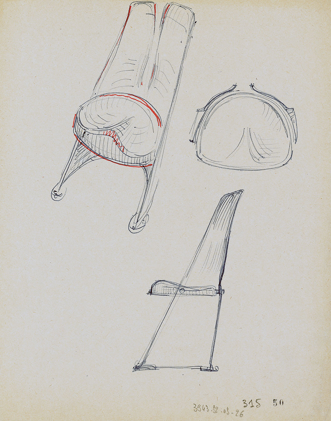 “Bergère” lecture hall chair. Sketch by Jean Prouvé for his classes at CNAM, Paris, 1957–1971.