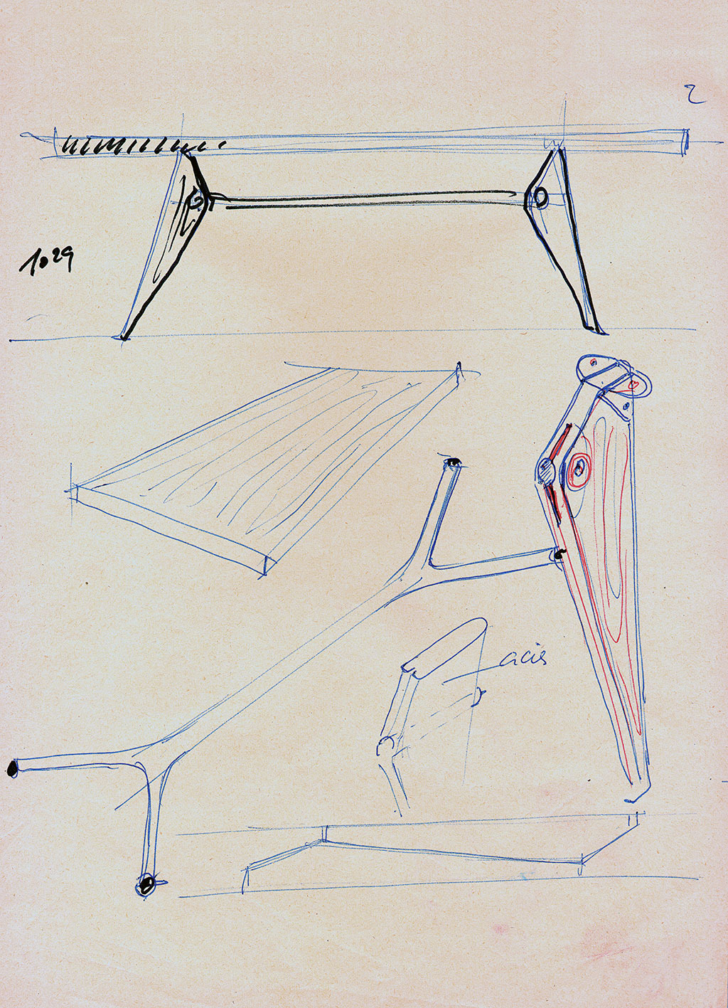 S.A.M. table. Principle of fixation of the crossmember to the legs with round metal disks. Sketch by Jean Prouvé for his classes at CNAM, Paris, 1957–1971.