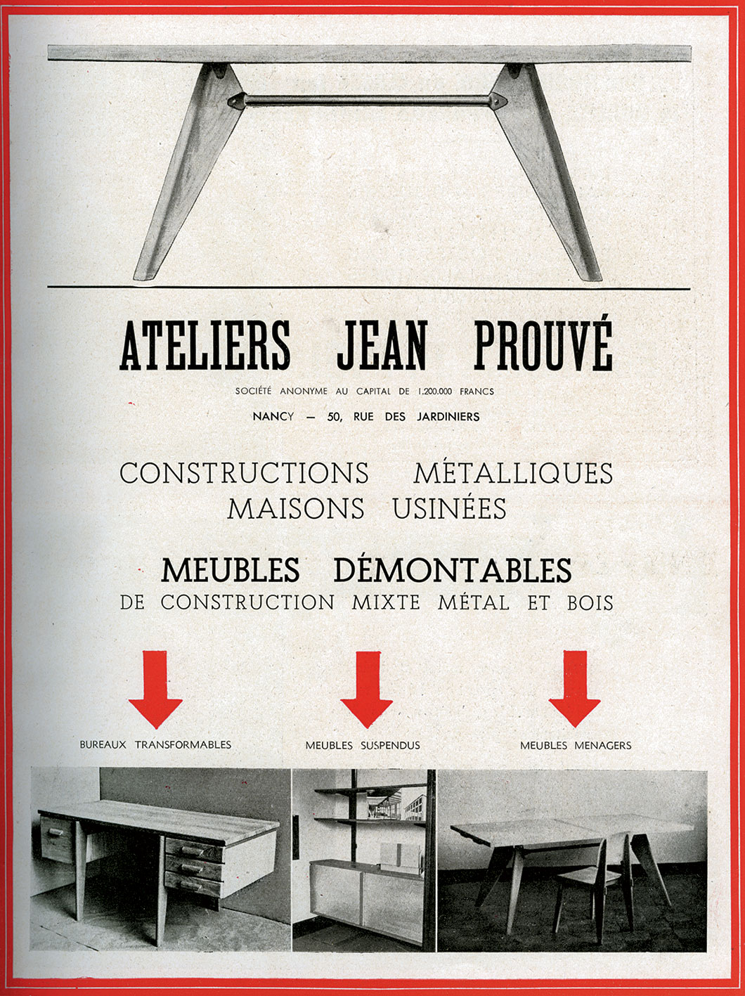Advertisement from the Ateliers Jean Prouvé, in <i>L’Architecture d’aujourd’hui,</i> no. 2, July-August 1945.