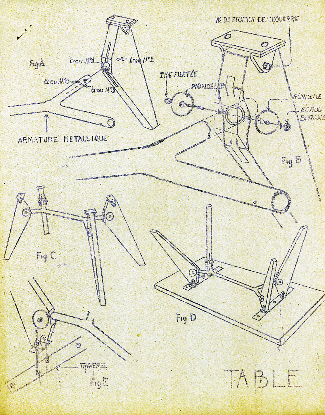 S.A.M. no. 502 table. Ateliers Jean Prouvé assembly intructions, ca. 1951.