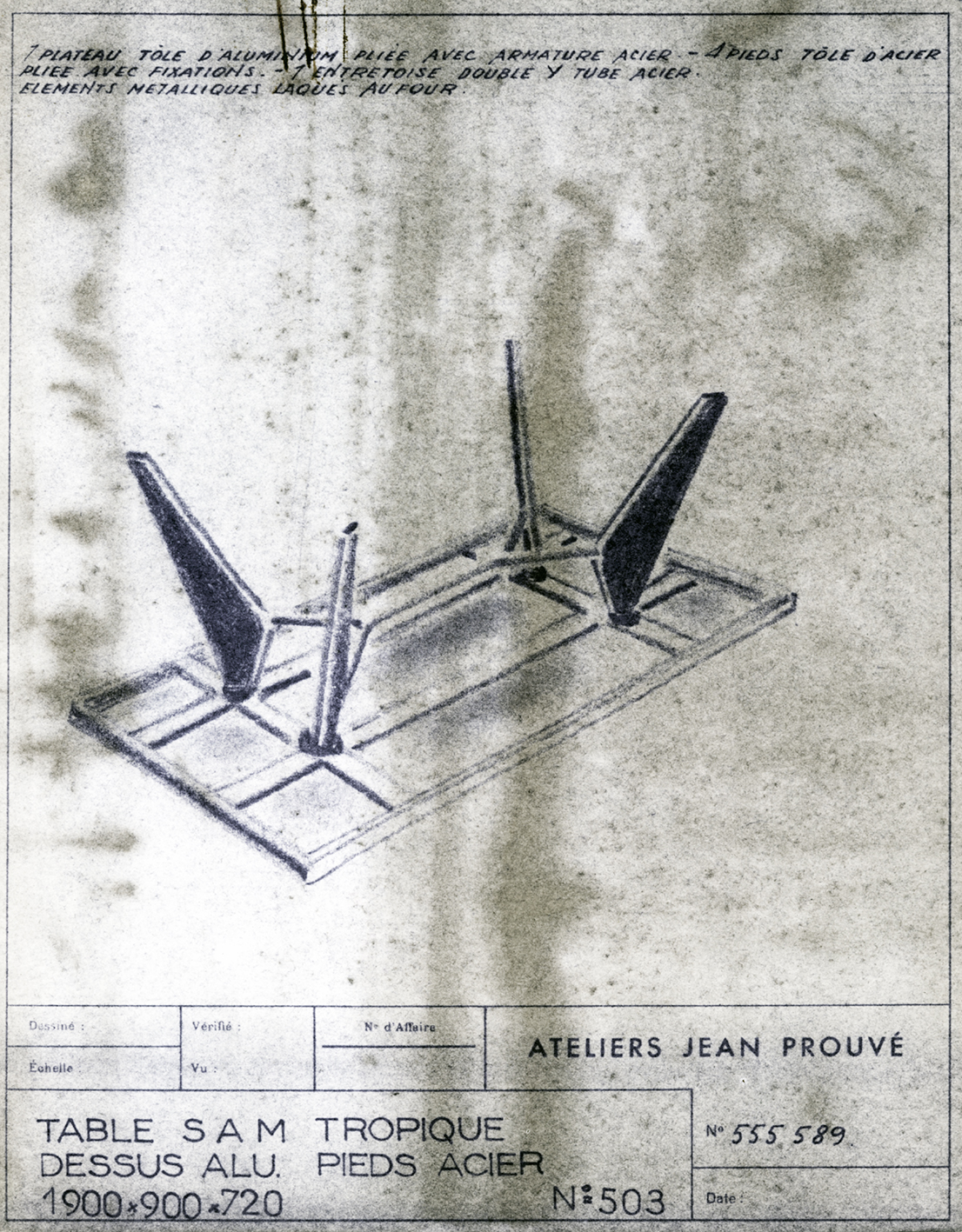 « Table S.A.M. Tropique n° 503 ». Fiche descriptive Ateliers Jean Prouvé n° 555.589, c. 1953.