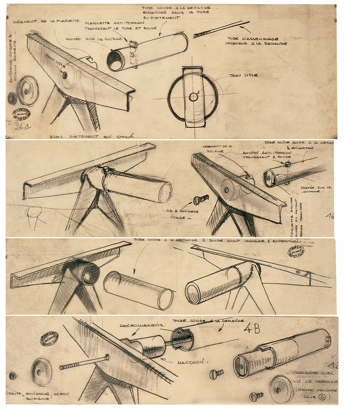 Ateliers Jean Prouvé study of the demountable Compas leg structure, ca. 1953.
