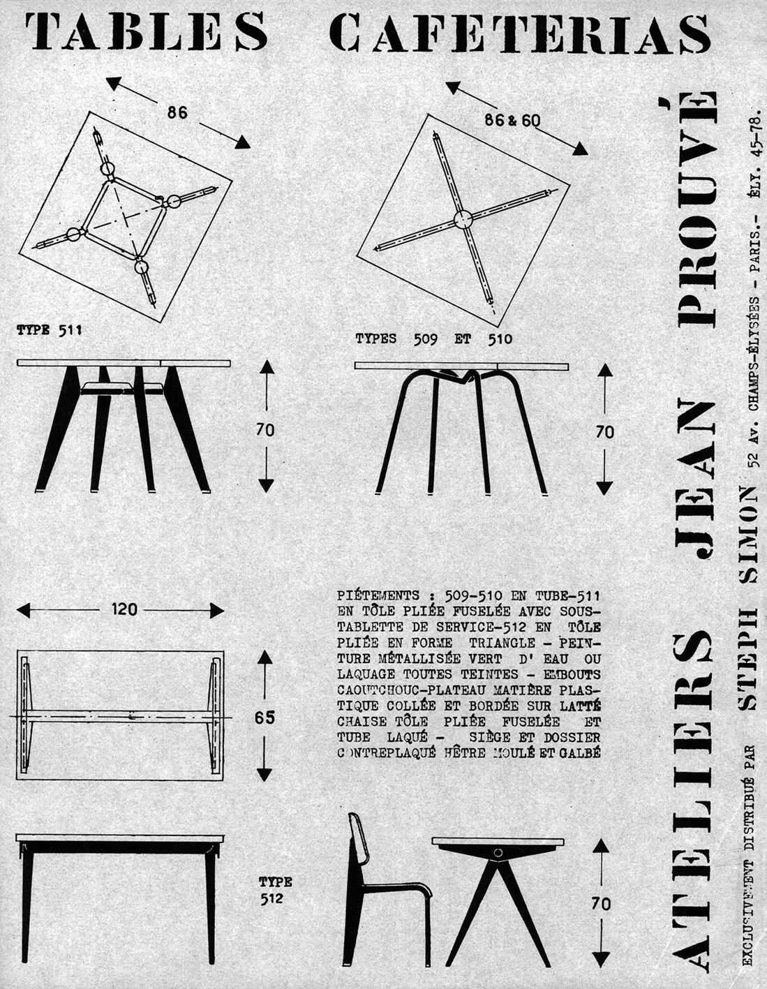 “Tables Cafétérias Ateliers Jean Prouvé”. Tables types 509 and 510 by Charlotte Perriand. Steph Simon presentation sheet, ca. 1954.