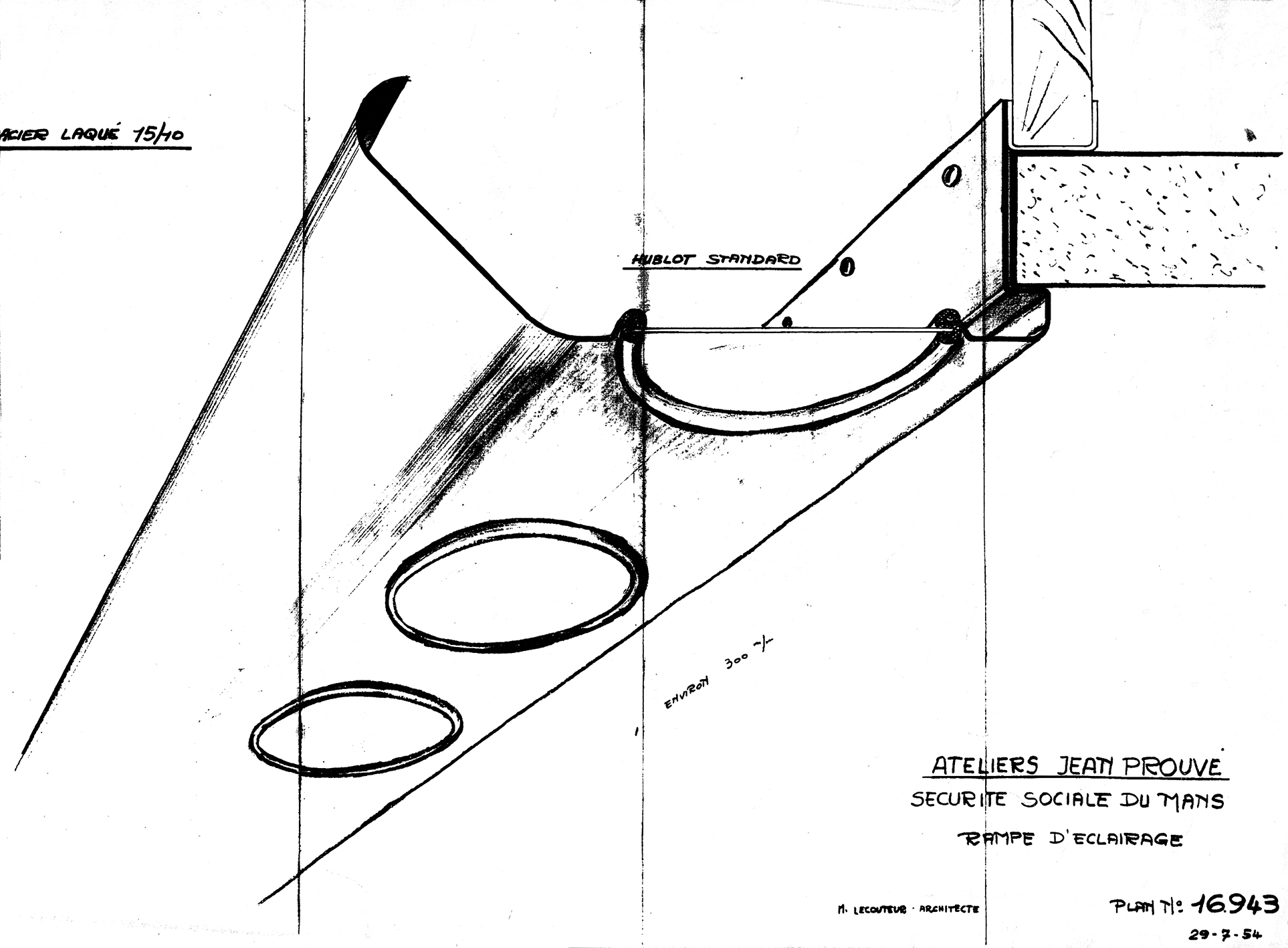 “Light ramp of the Sécurité Sociale building in Le Mans”. Detail of the Ateliers Jean Prouvé drawing no. 16.943, 2 September 1954.